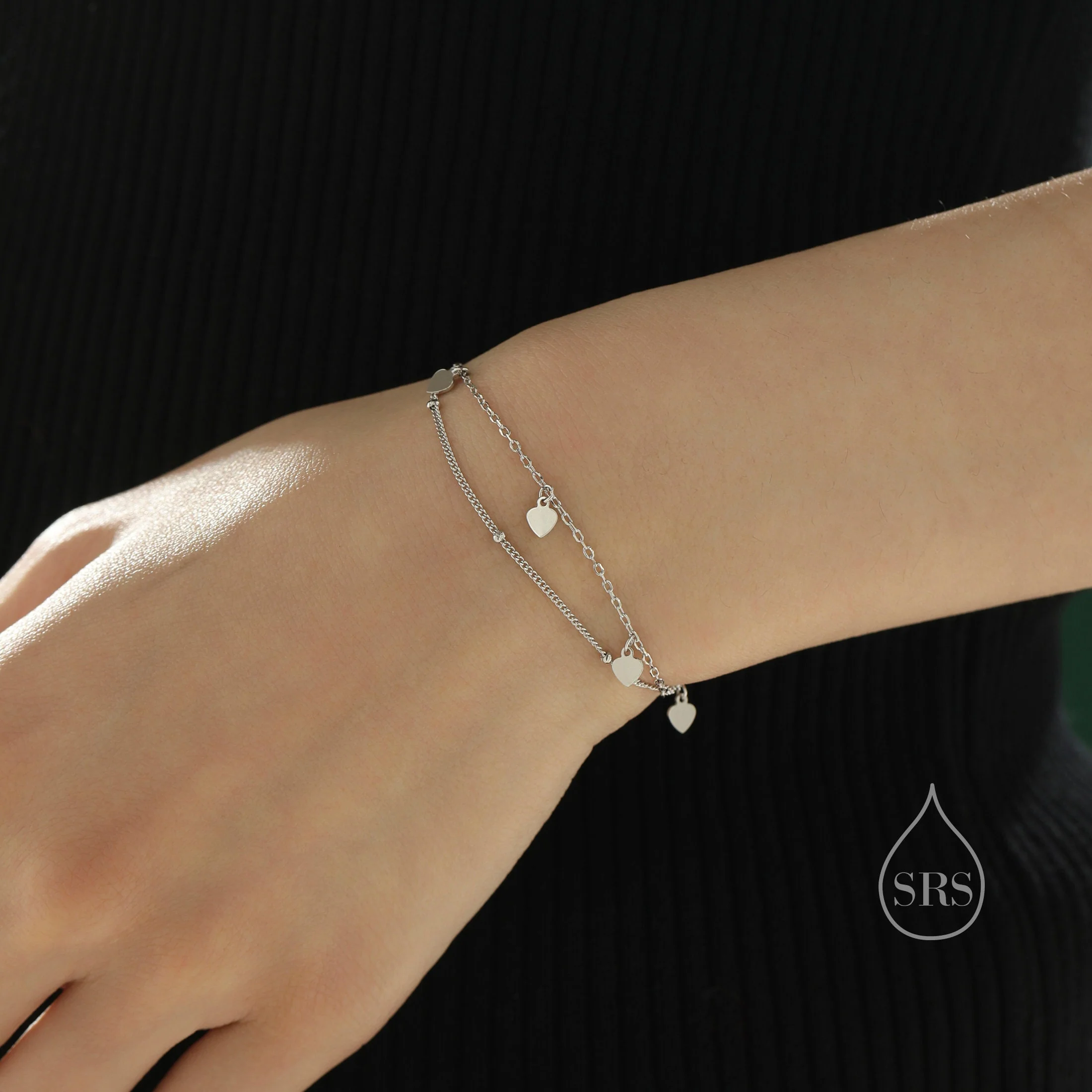 Sterling Silver Double Layer Heart Charm Bracelet, Silver or Gold, Small Heart Bracelet, Three Heart Bracelet, Heart Motif Bracelet - Image 3