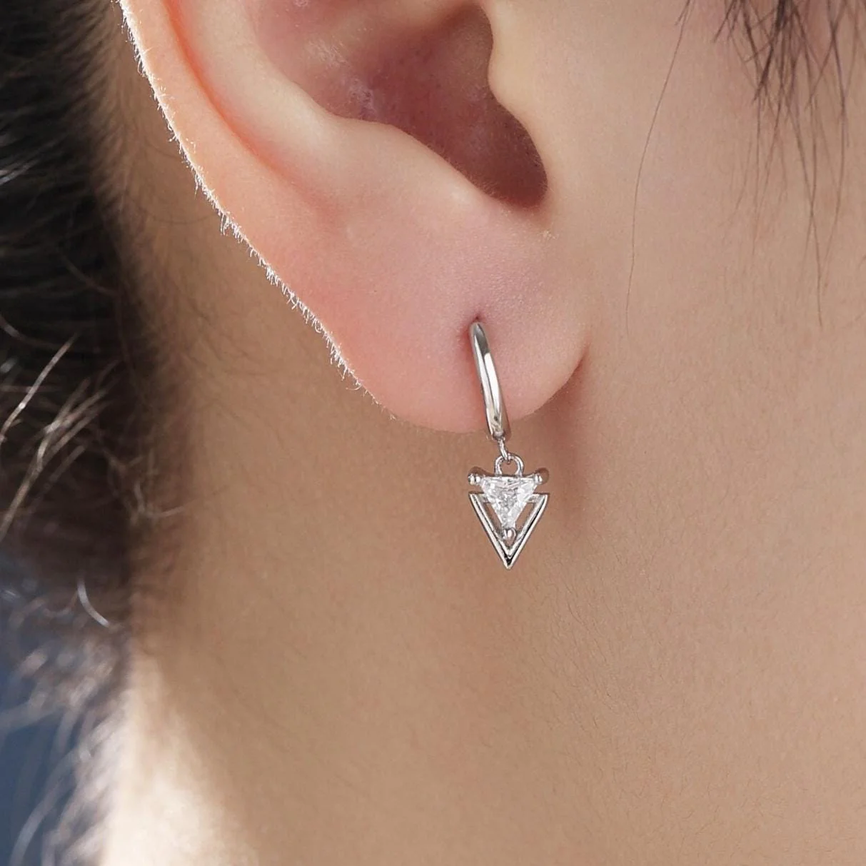 Sterling Silver Double Triangle Dangle Huggie Hoops, Double Triangle Hoop Earrings, Dainty Dangle Arrow Head Earrings, Geometric Arrowhead