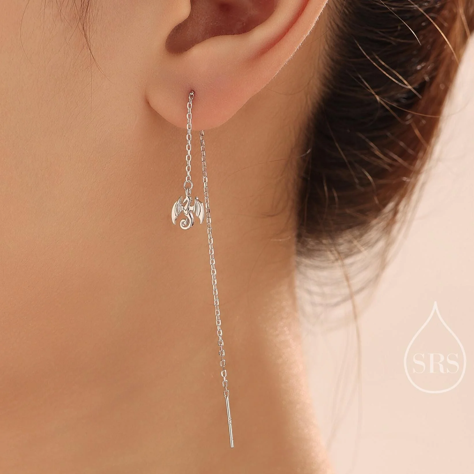 Sterling Silver Dragon Threader Earrings, Silver, Gold or Rose Gold, Cute Dragon Ear Threaders, Original Design by Silver Rain Silver - Image 3