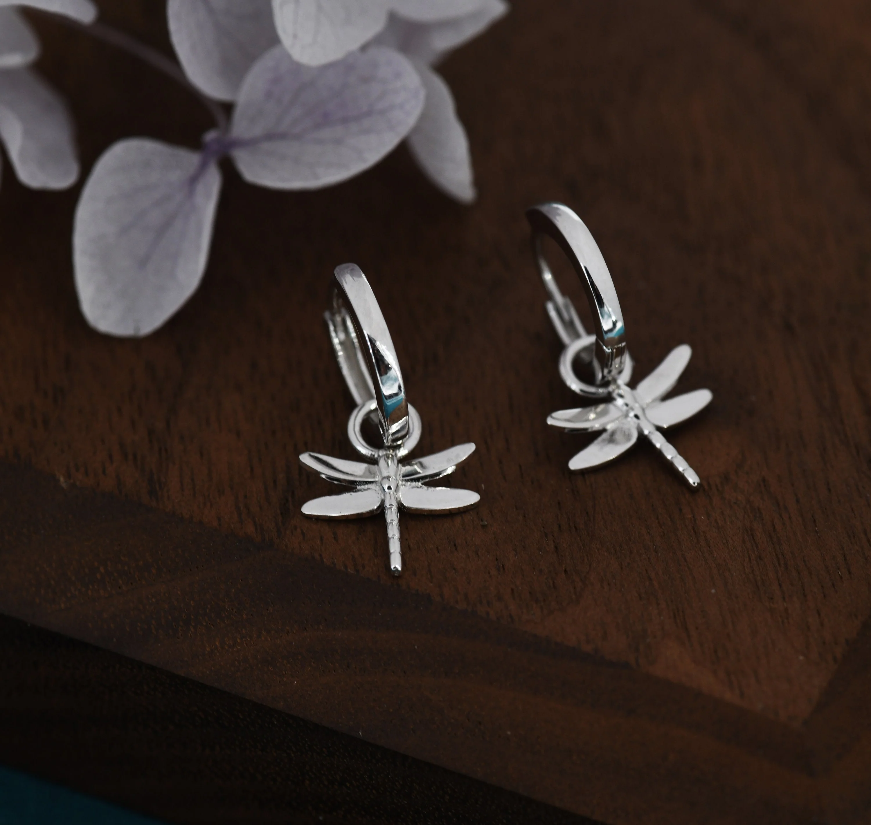 Sterling Silver Dragonfly Huggie Hoops, Silver, Gold or Rose Gold Finish, Dragonfly Hoop Earrings with Dangle Charms, Daily Dangle Earrings - Image 4