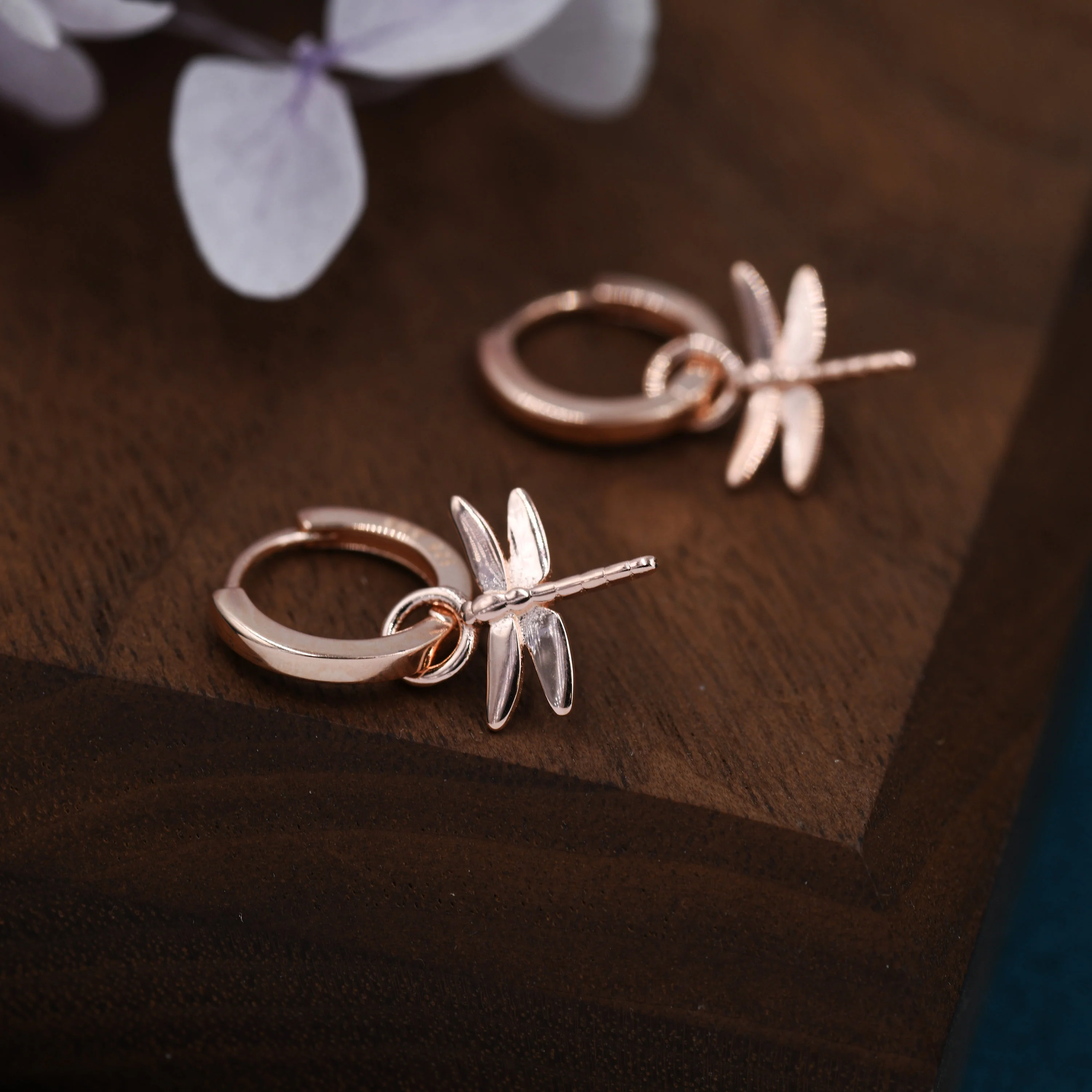 Sterling Silver Dragonfly Huggie Hoops, Silver, Gold or Rose Gold Finish, Dragonfly Hoop Earrings with Dangle Charms, Daily Dangle Earrings - Image 5