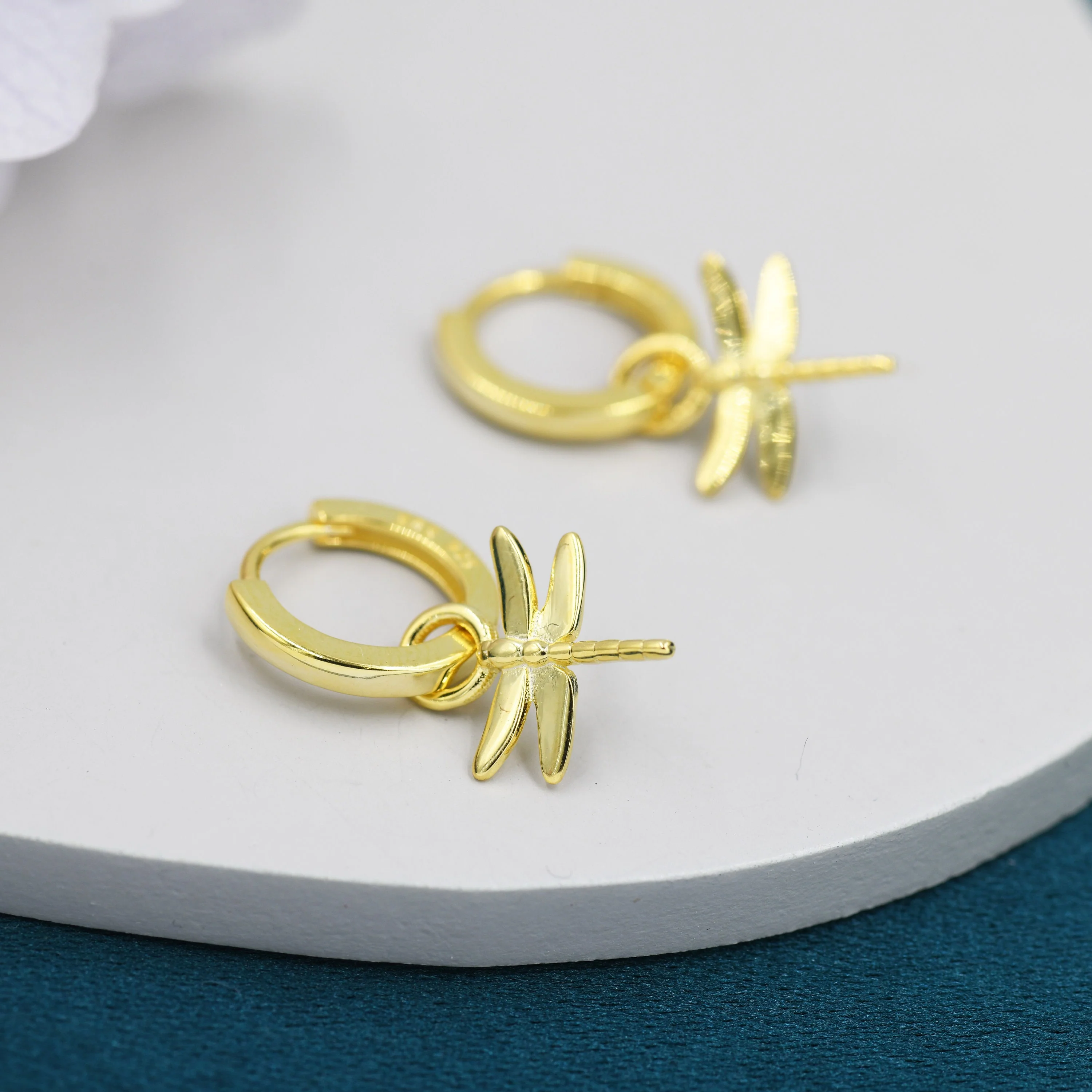 Sterling Silver Dragonfly Huggie Hoops, Silver, Gold or Rose Gold Finish, Dragonfly Hoop Earrings with Dangle Charms, Daily Dangle Earrings - Image 7