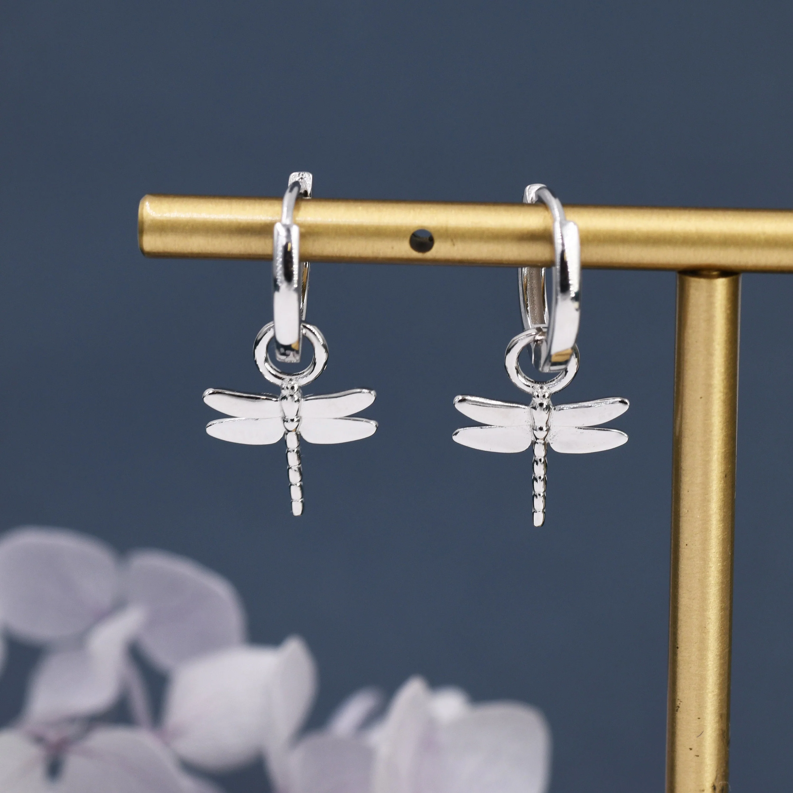 Sterling Silver Dragonfly Huggie Hoops, Silver, Gold or Rose Gold Finish, Dragonfly Hoop Earrings with Dangle Charms, Daily Dangle Earrings - Image 9