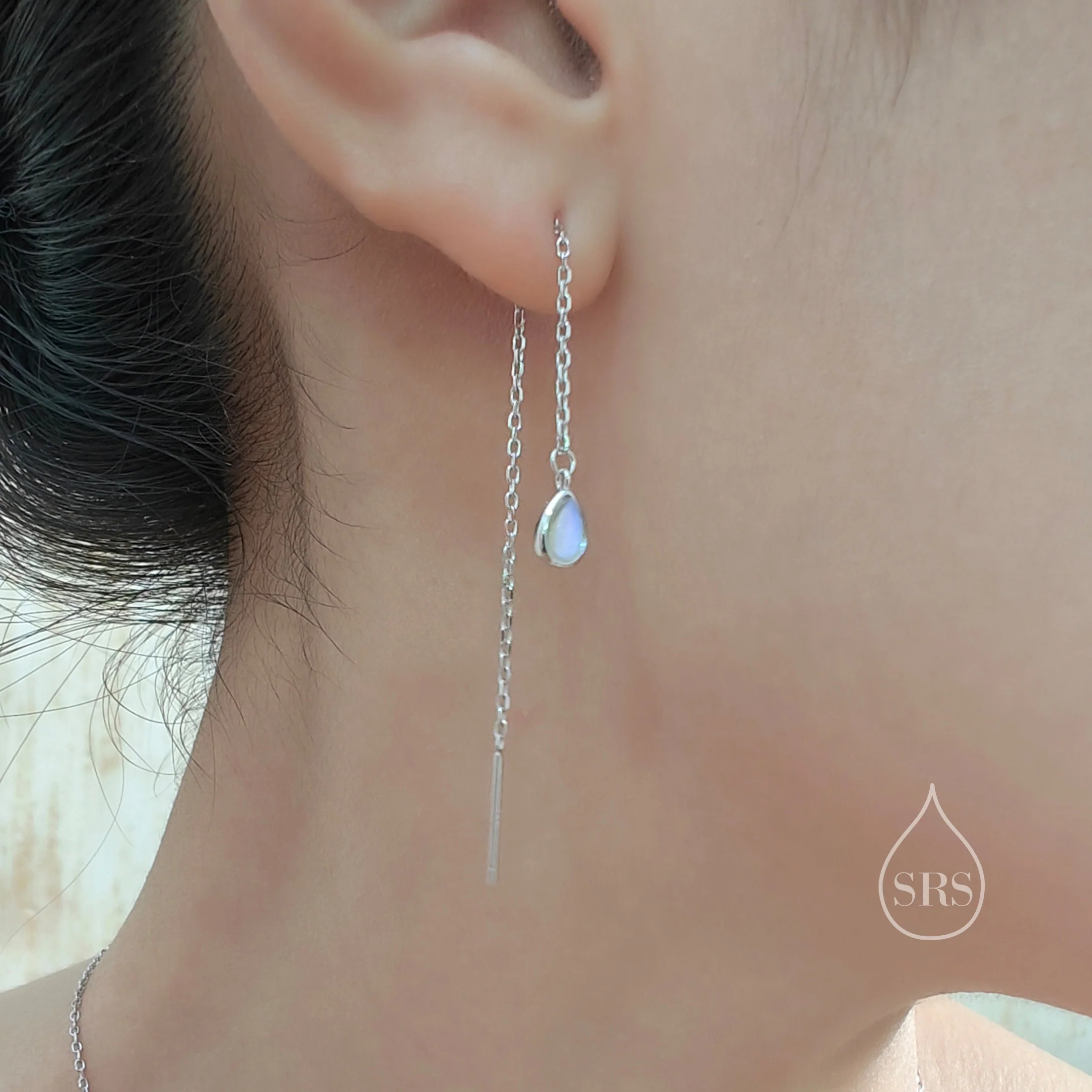 Sterling Silver Droplet Ear Threader Earrings, Available in 2 sizes, Aurora Moonstone Drop Earrings, Geometric Minimalist Jewellery - Image 3