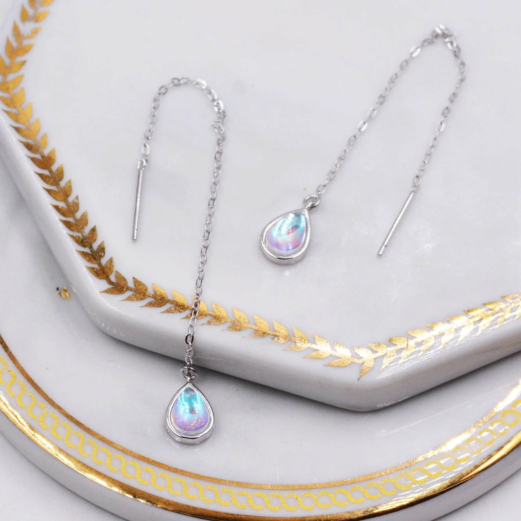 Sterling Silver Droplet Ear Threader Earrings, Available in 2 sizes, Aurora Moonstone Drop Earrings, Geometric Minimalist Jewellery - Image 5