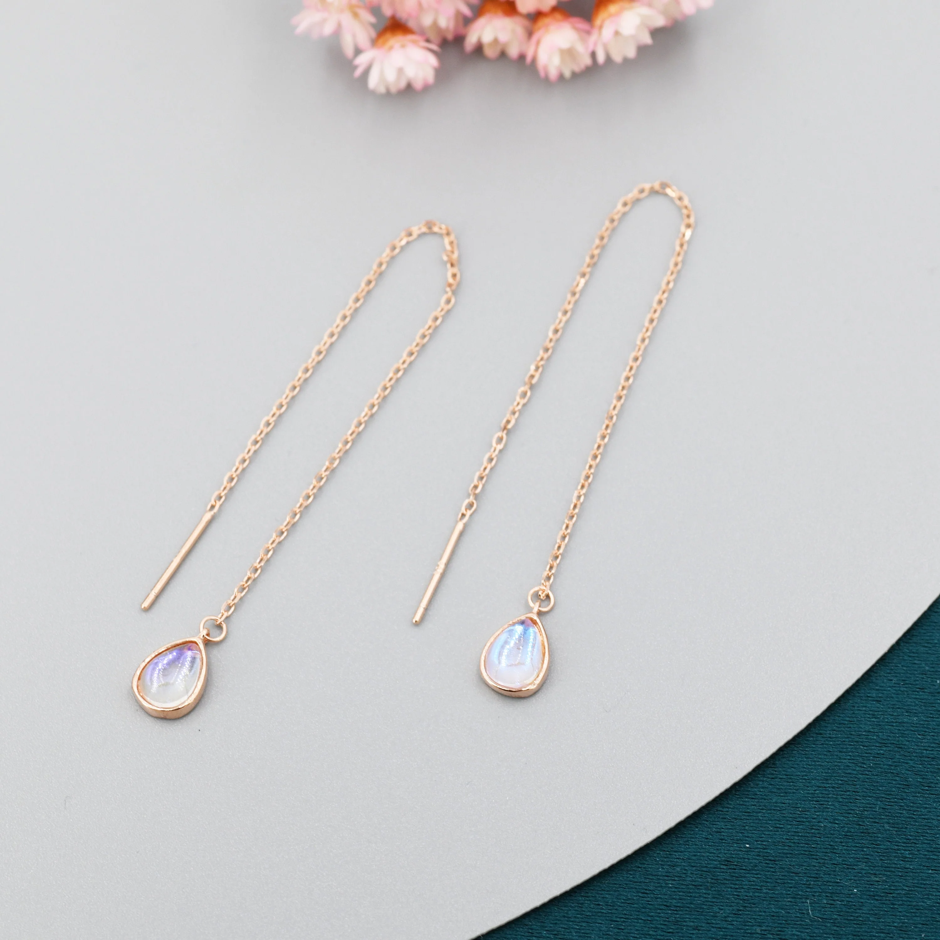 Sterling Silver Droplet Ear Threader Earrings, Available in 2 sizes, Aurora Moonstone Drop Earrings, Geometric Minimalist Jewellery - Image 9