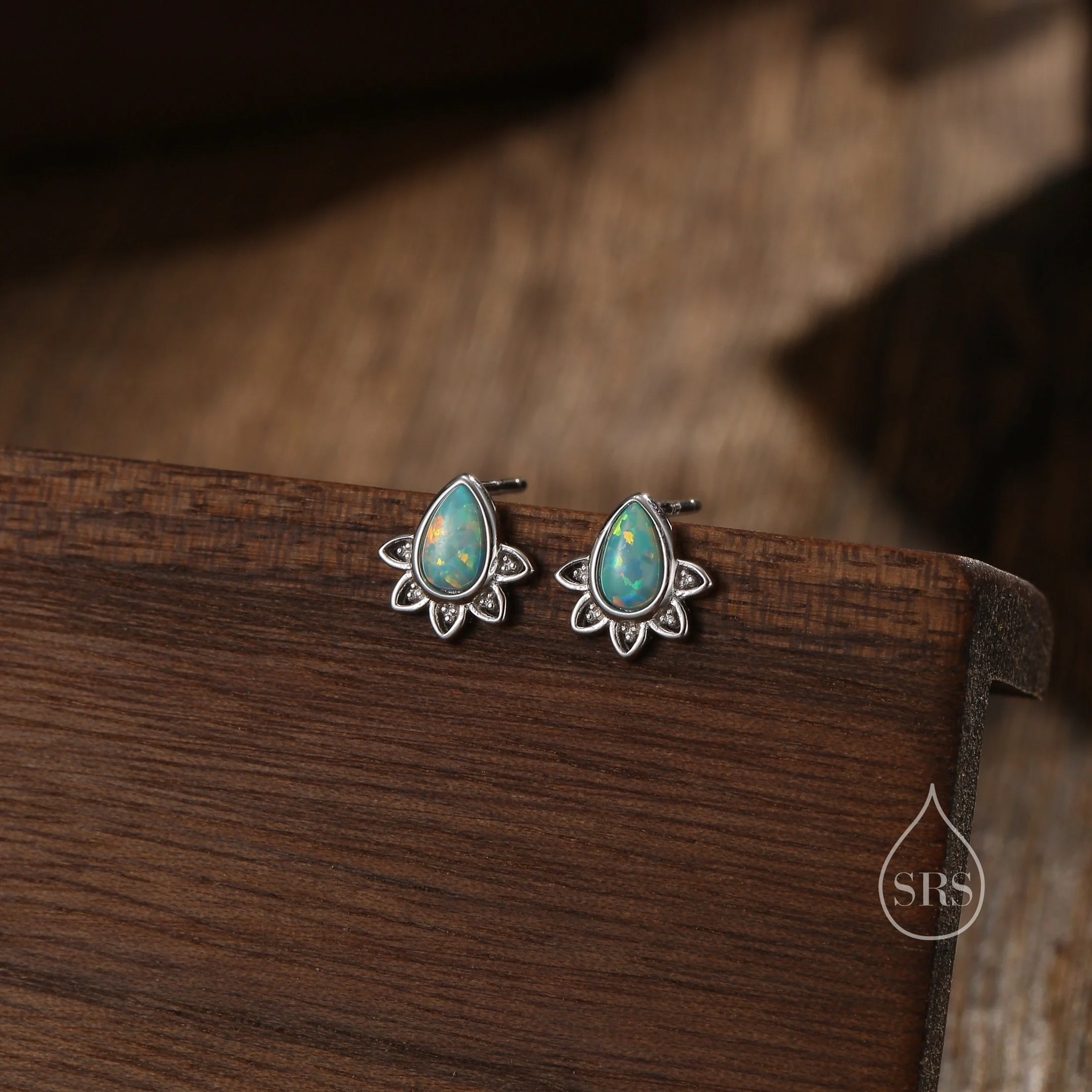 Sterling Silver Droplet Green Opal Crown Stud Earrings, Prong Set, Aqua Blue Opal Pear Cut Earrings, Simulated Fire Opal Earrings - Image 3