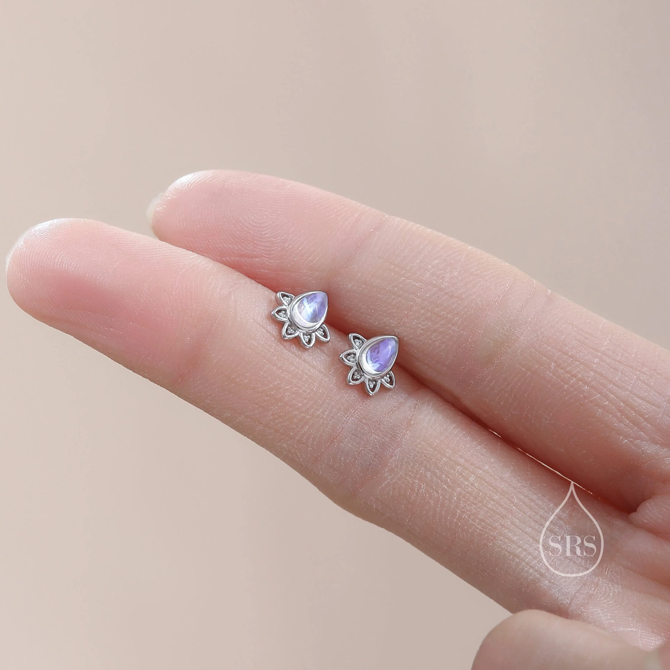 Sterling Silver Droplet Moonstone Crown Stud Earrings, Prong Set, Pear Cut Earrings, Simulated Moonstone Earrings - Image 2