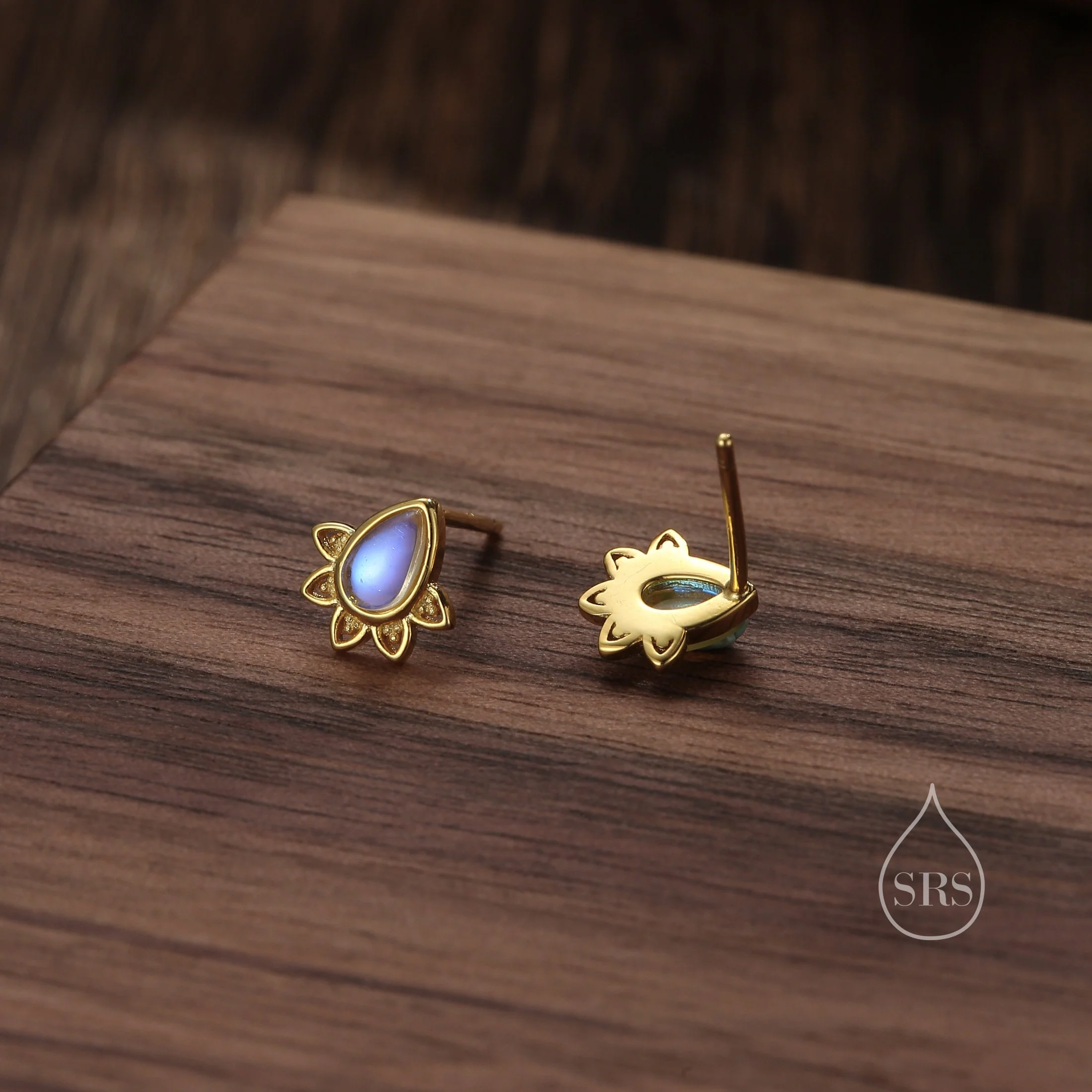 Sterling Silver Droplet Moonstone Crown Stud Earrings, Prong Set, Pear Cut Earrings, Simulated Moonstone Earrings - Image 3