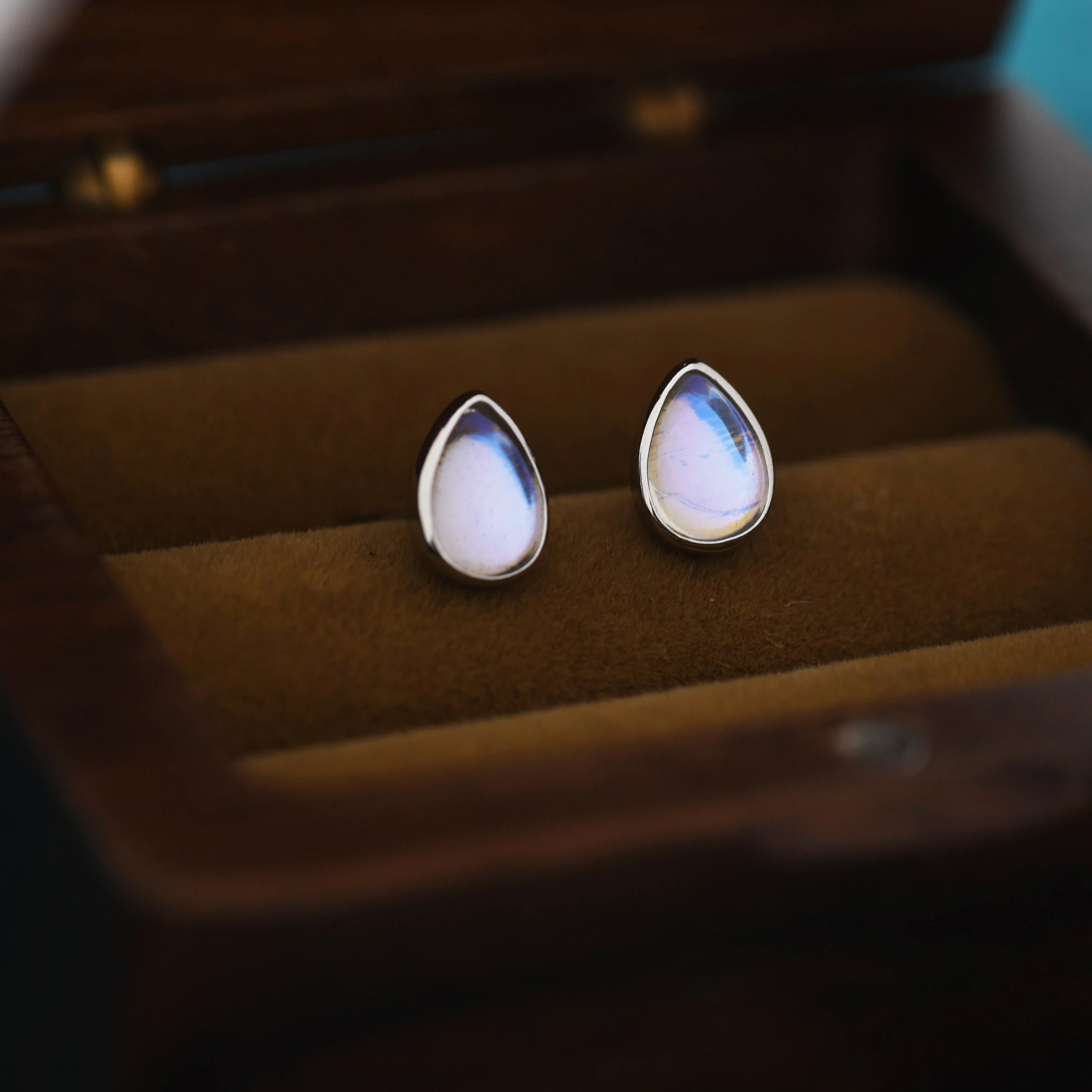 Sterling Silver Droplet Moonstone Stud Earrings, Mermaid Colour Earrings, Available in two sizes, Simulated Moonstone Glass Earrings, - Image 8