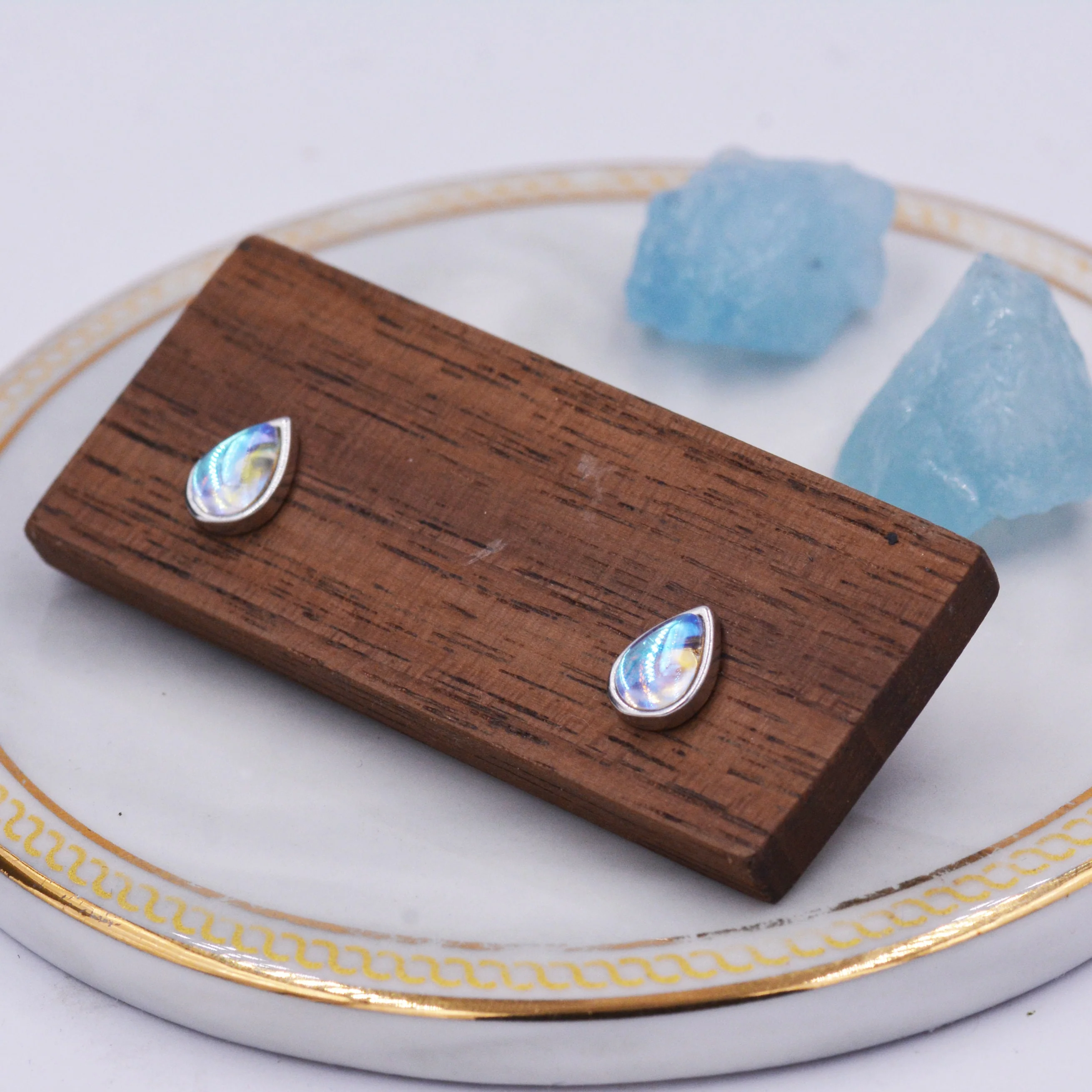 Sterling Silver Droplet Moonstone Stud Earrings, Simulated Moonstone Earrings, Minimalist - Image 3