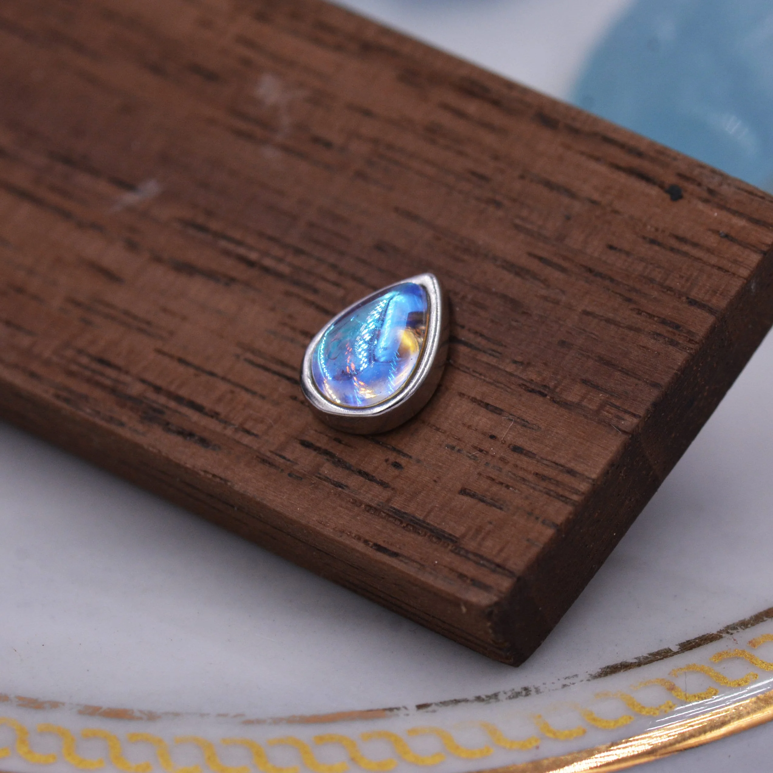 Sterling Silver Droplet Moonstone Stud Earrings, Simulated Moonstone Earrings, Minimalist - Image 4