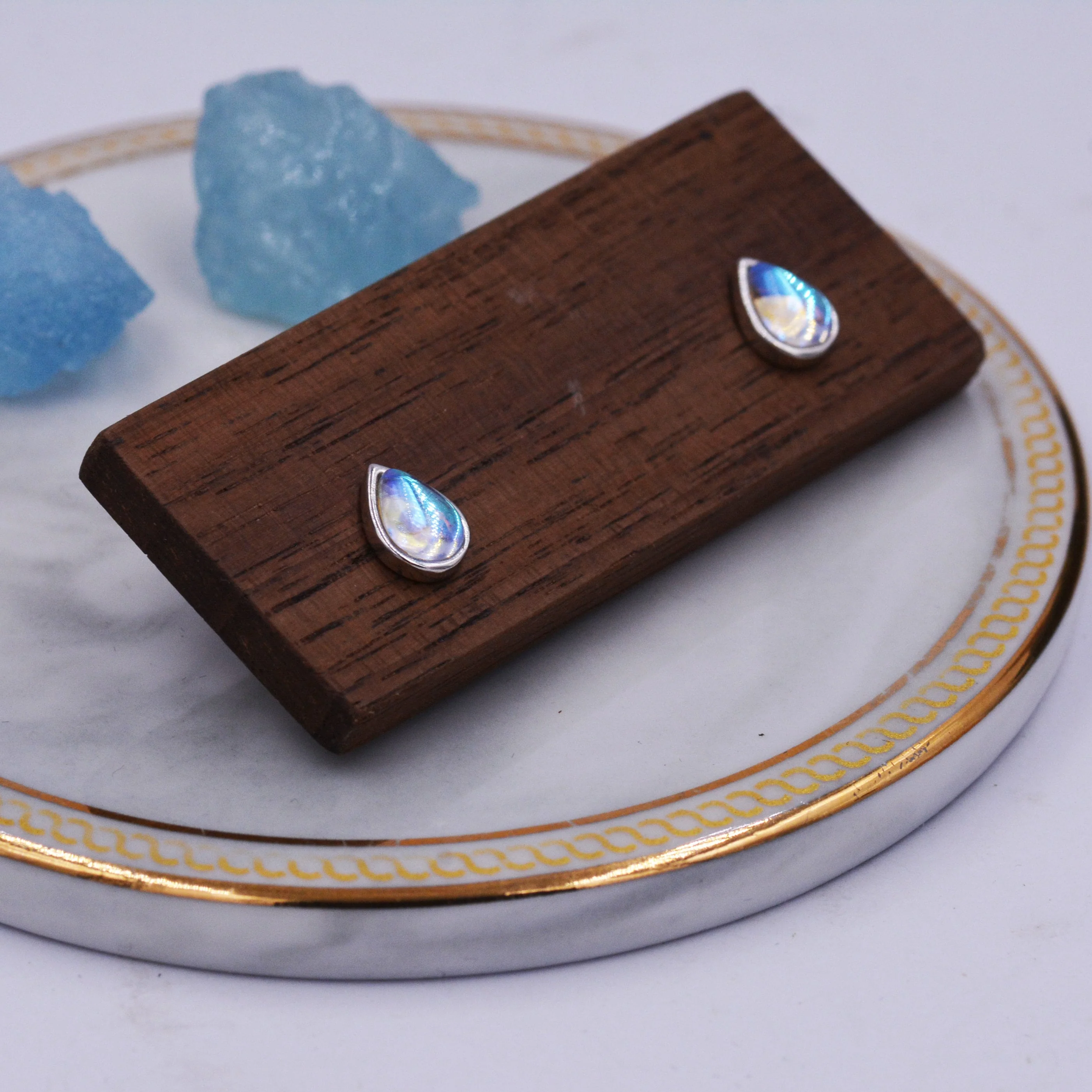 Sterling Silver Droplet Moonstone Stud Earrings, Simulated Moonstone Earrings, Minimalist - Image 5