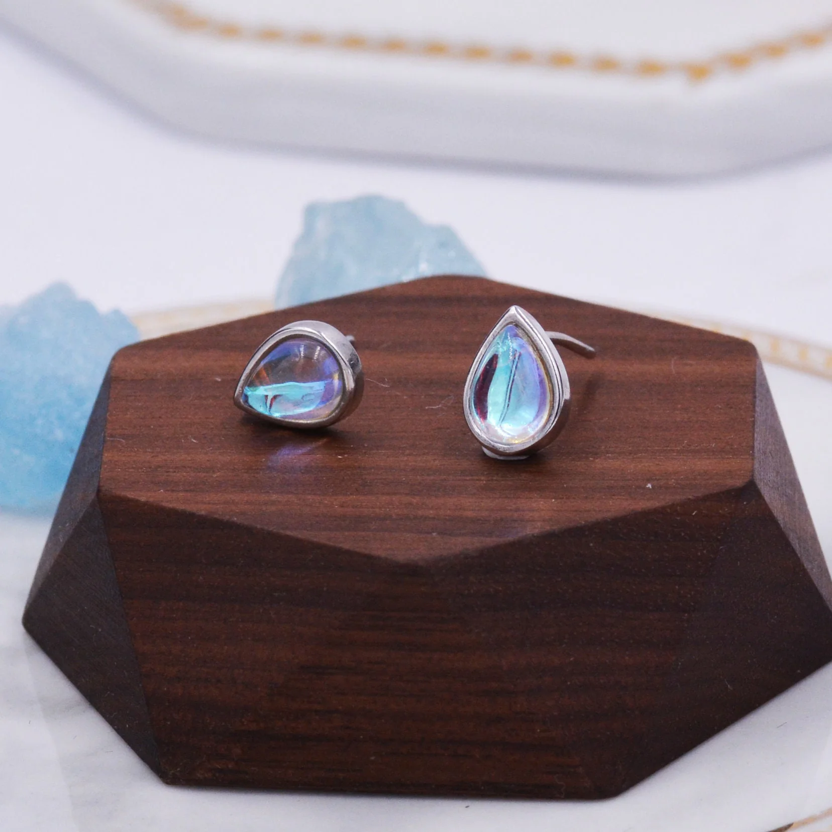 Sterling Silver Droplet Moonstone Stud Earrings, Simulated Moonstone Earrings, Minimalist - Image 6