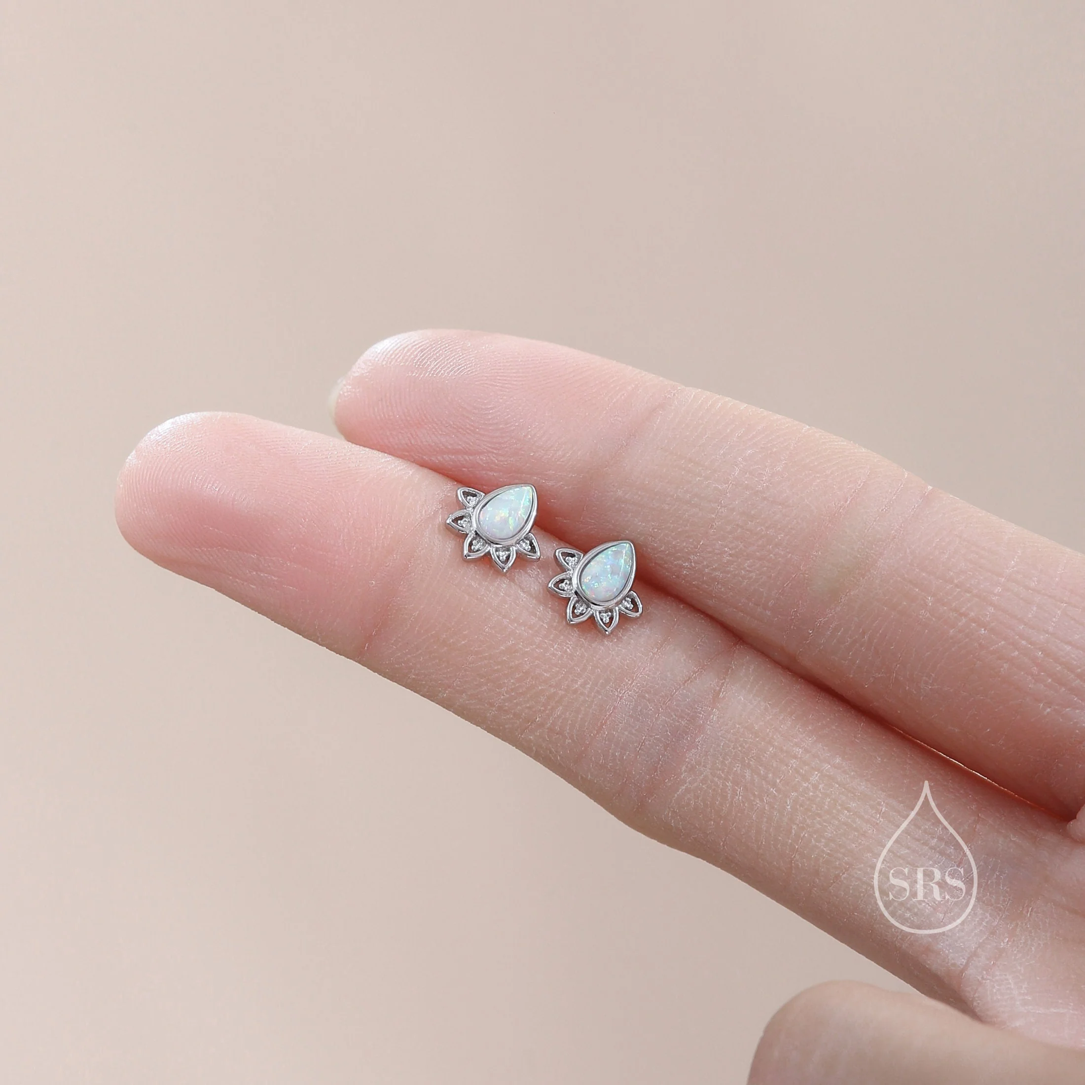 Sterling Silver Droplet Opal Crown Stud Earrings, Prong Set, White Opal Pear Cut Earrings, Simulated Fire Opal Earrings - Image 2