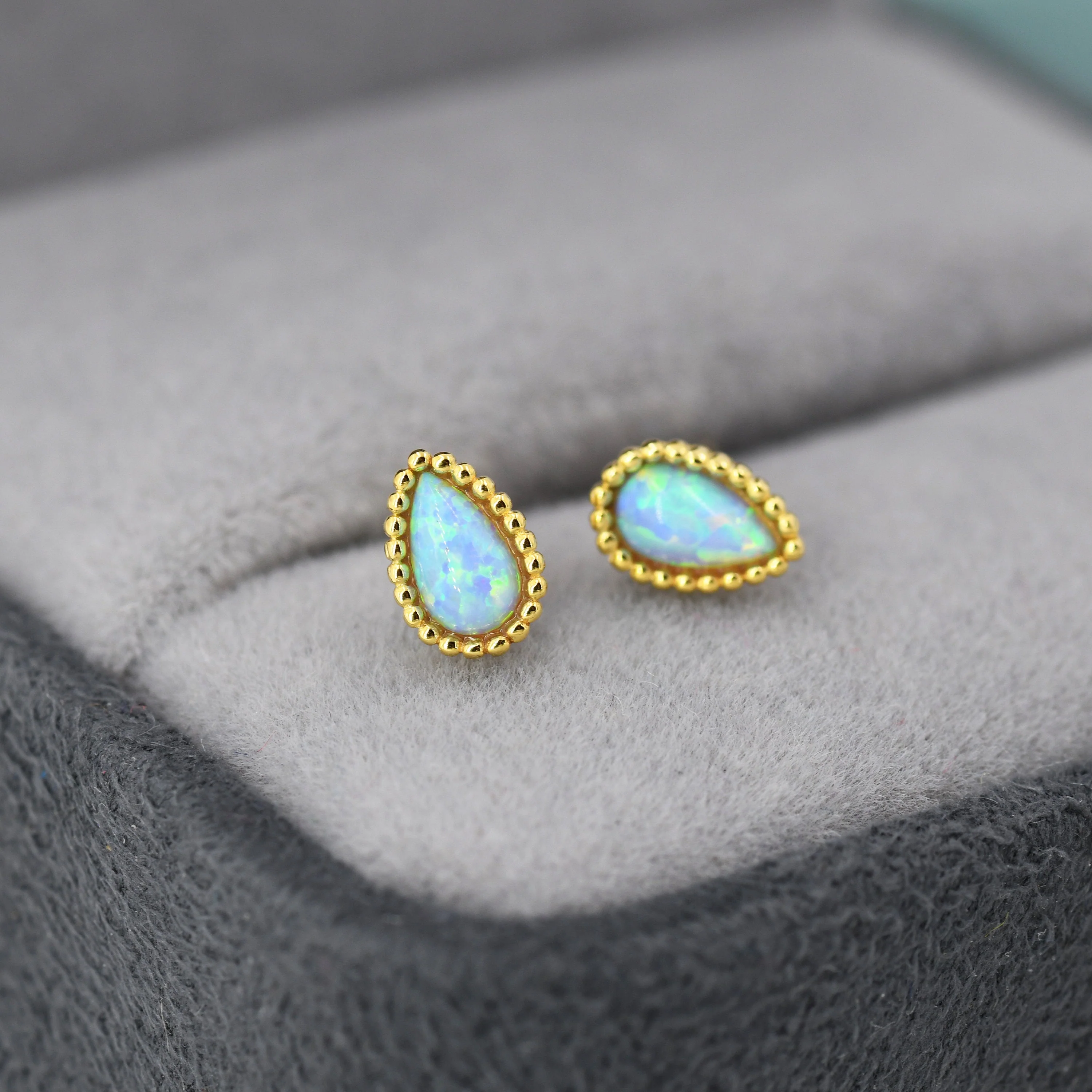 Sterling Silver Droplet Pear Blue Opal Stud Earrings, Silver or Gold, Stacking Earrings, Opal Earrings, Granulated, Dotted Bobble Beaded
