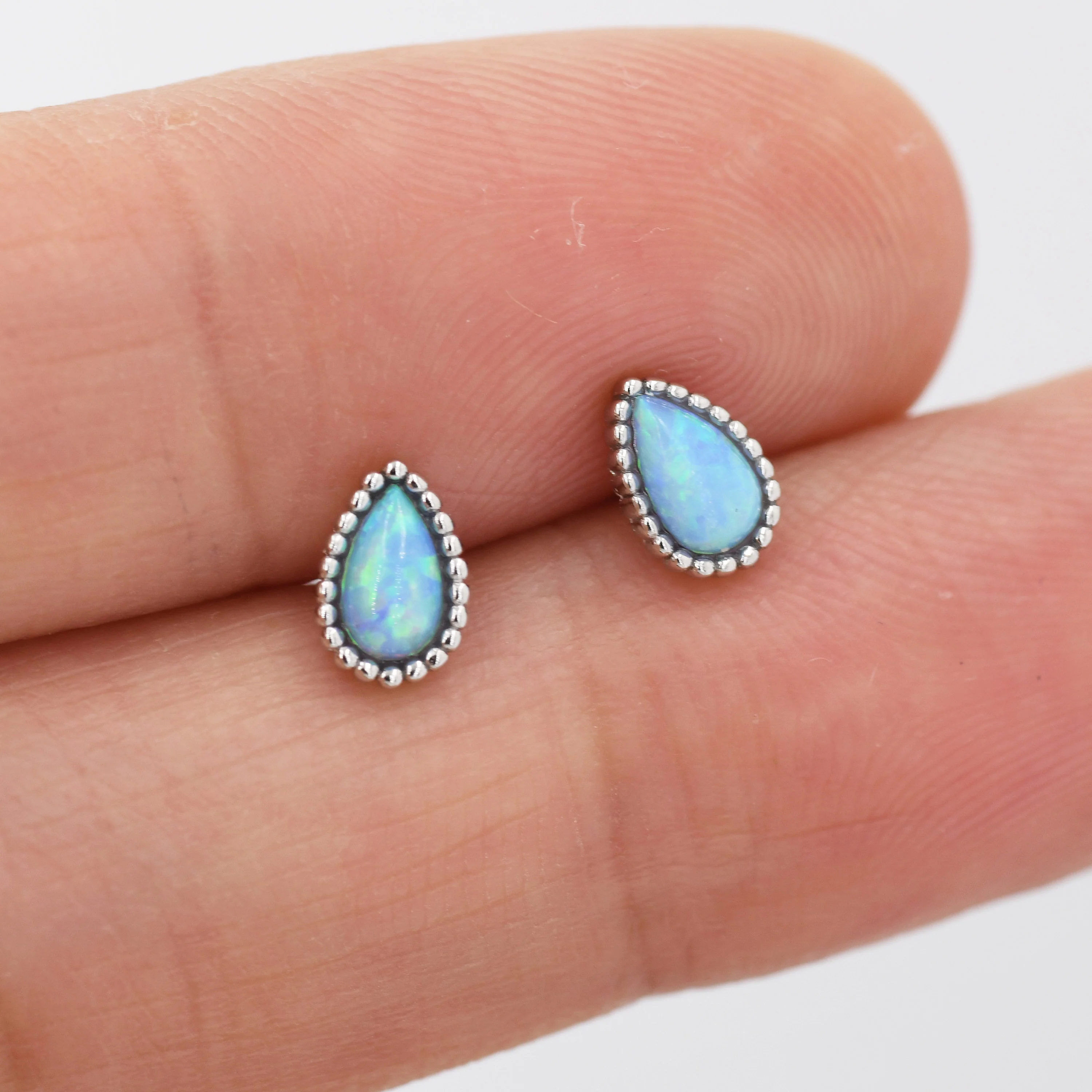Sterling Silver Droplet Pear Blue Opal Stud Earrings, Silver or Gold, Stacking Earrings, Opal Earrings, Granulated, Dotted Bobble Beaded - Image 2