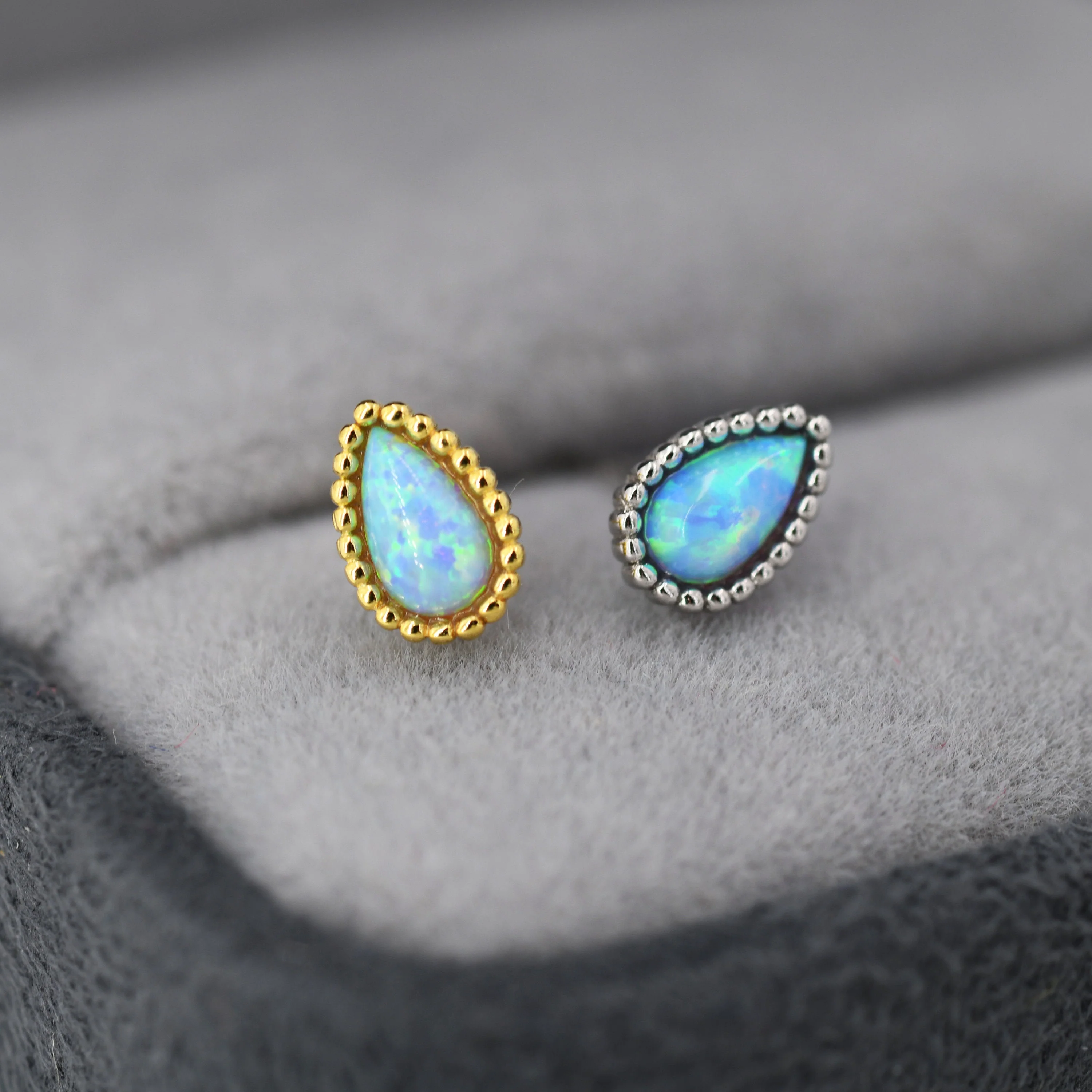 Sterling Silver Droplet Pear Blue Opal Stud Earrings, Silver or Gold, Stacking Earrings, Opal Earrings, Granulated, Dotted Bobble Beaded - Image 3