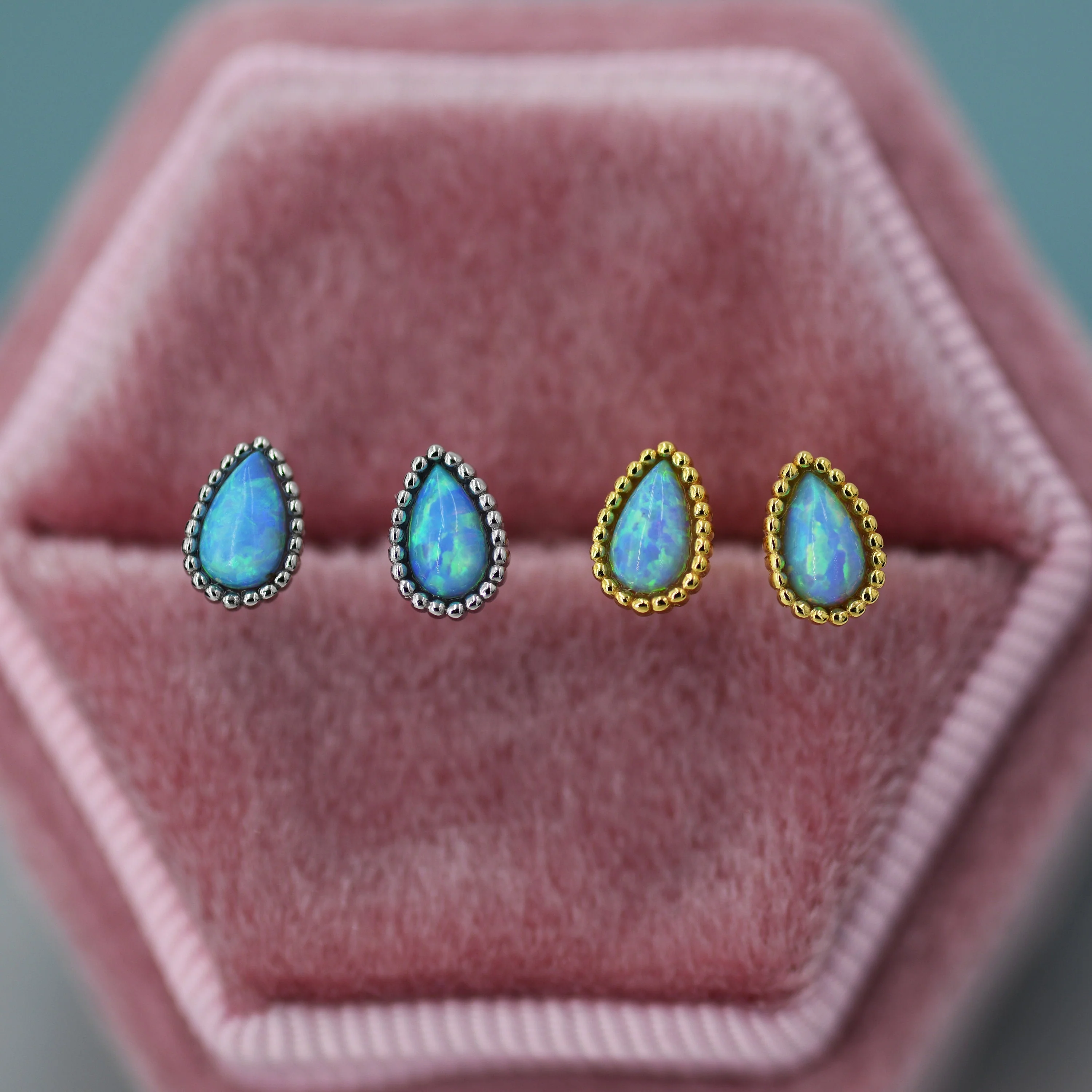 Sterling Silver Droplet Pear Blue Opal Stud Earrings, Silver or Gold, Stacking Earrings, Opal Earrings, Granulated, Dotted Bobble Beaded - Image 4
