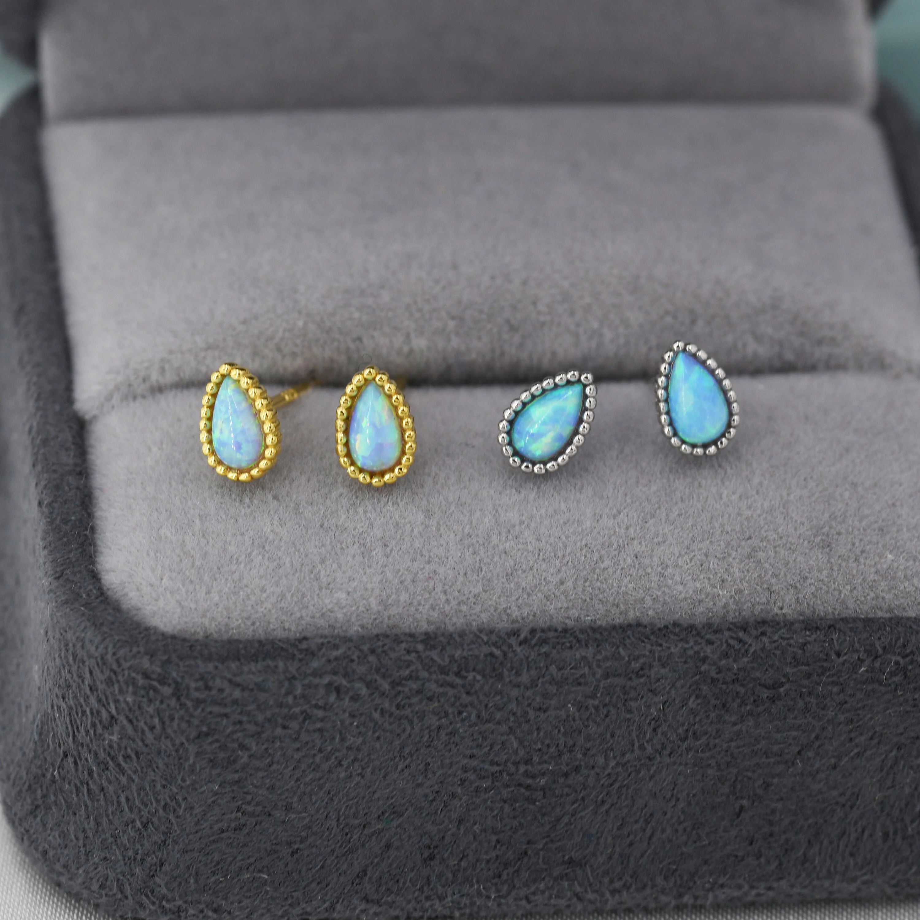 Sterling Silver Droplet Pear Blue Opal Stud Earrings, Silver or Gold, Stacking Earrings, Opal Earrings, Granulated, Dotted Bobble Beaded - Image 5