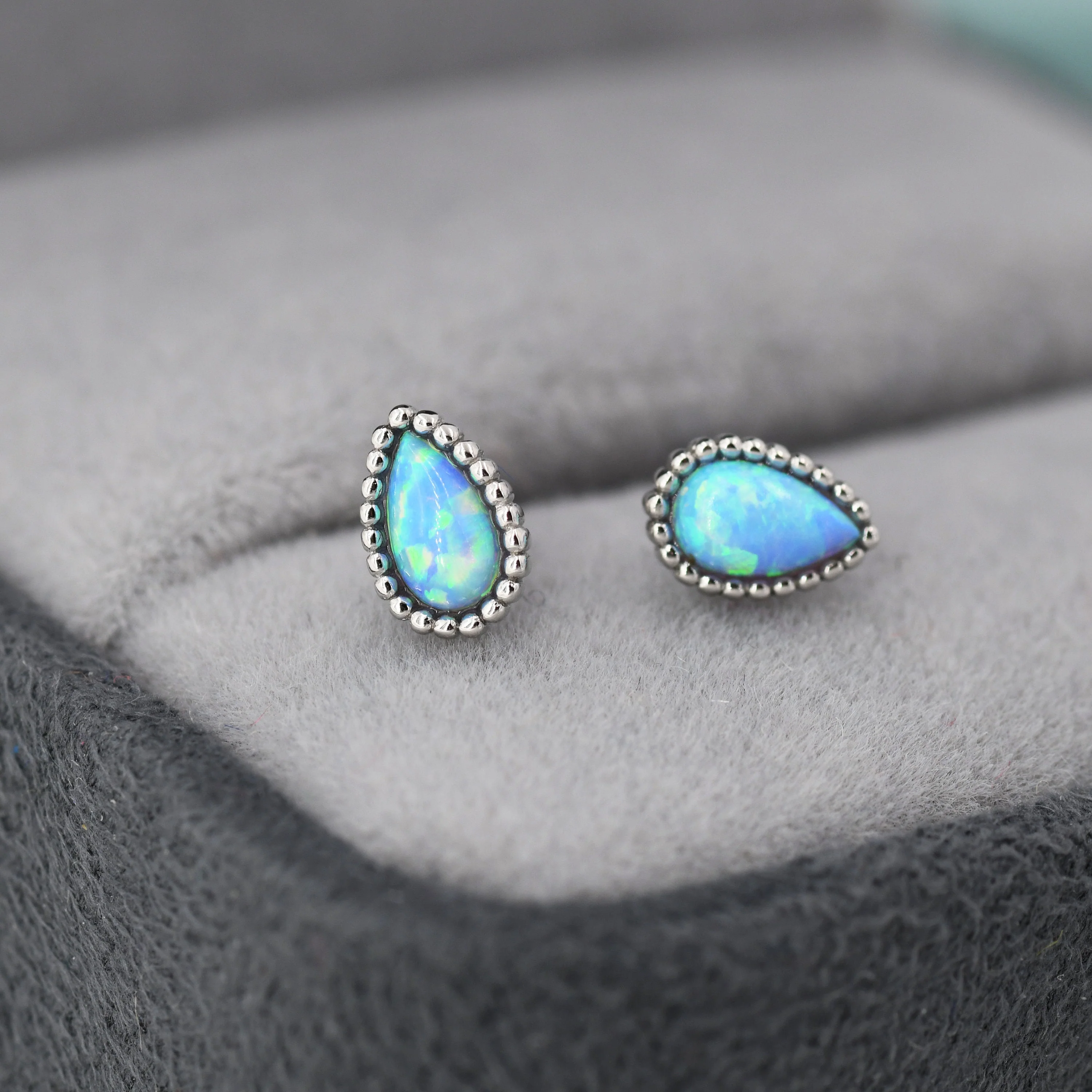 Sterling Silver Droplet Pear Blue Opal Stud Earrings, Silver or Gold, Stacking Earrings, Opal Earrings, Granulated, Dotted Bobble Beaded - Image 6