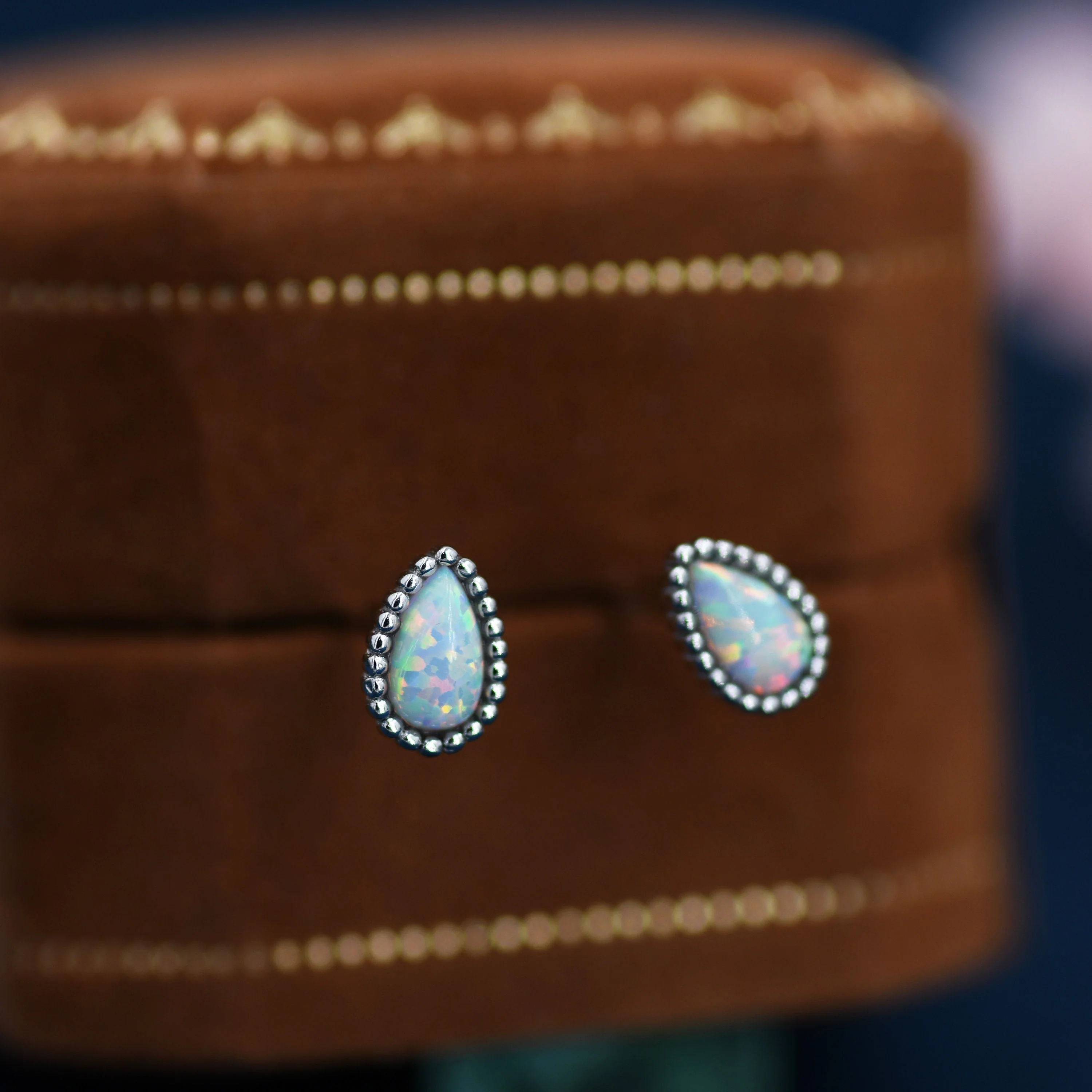 Sterling Silver Opal Droplet Earrings, Pear Shape White Fire Opal Stud Earrings, Silver or Gold, Dotted Bobble Beaded - Image 5