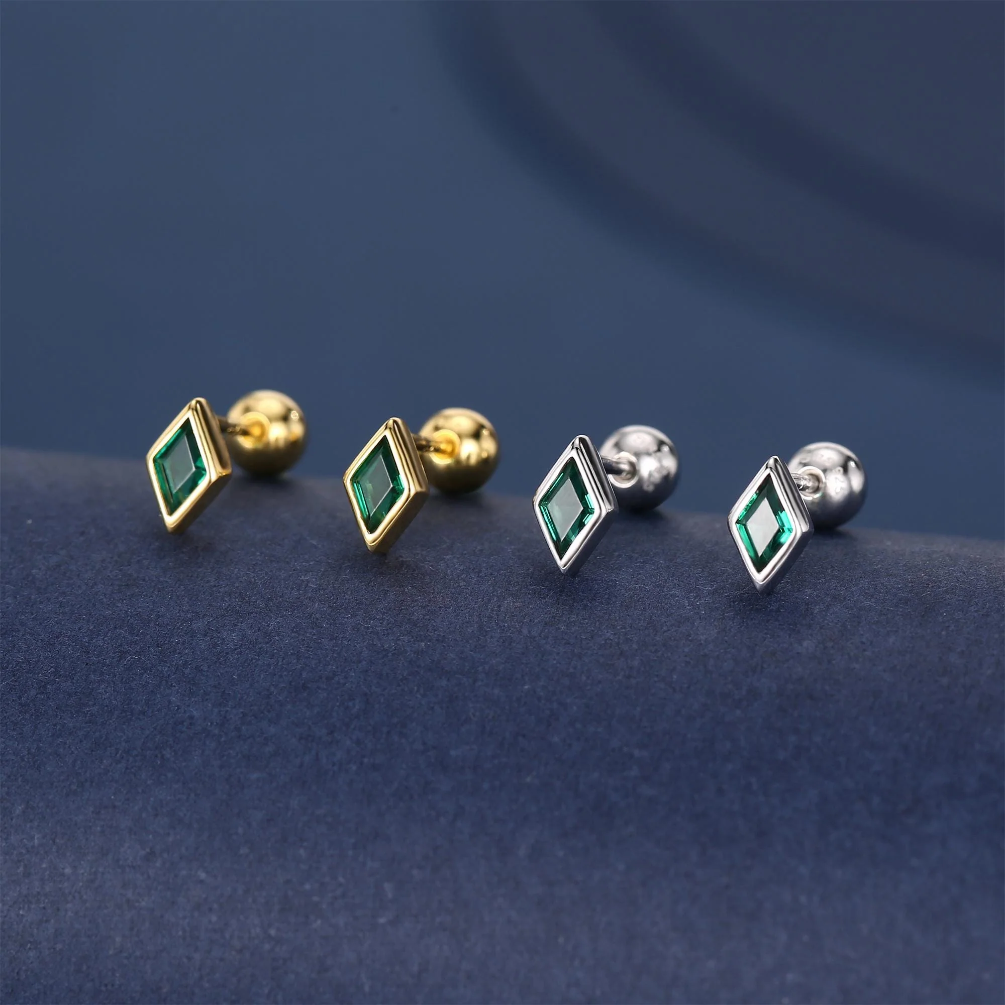 Sterling Silver Emerald Green CZ 18G Screw Back Rhombus Stud Earrings - Image 3