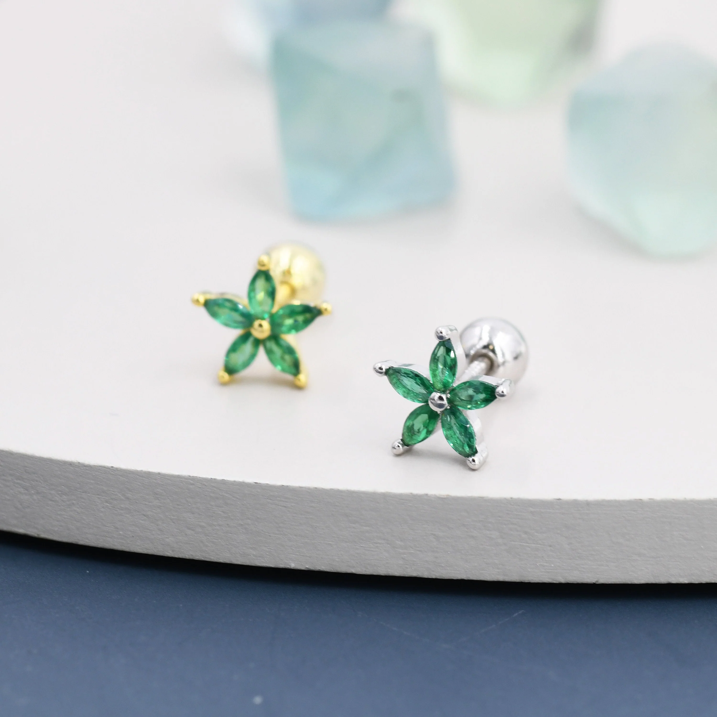 Sterling Silver Emerald Green CZ Flower Barbell Earrings,  Gold or Silver, Marquise CZ Screw Back Earrings, Stacking Earrings - Image 8