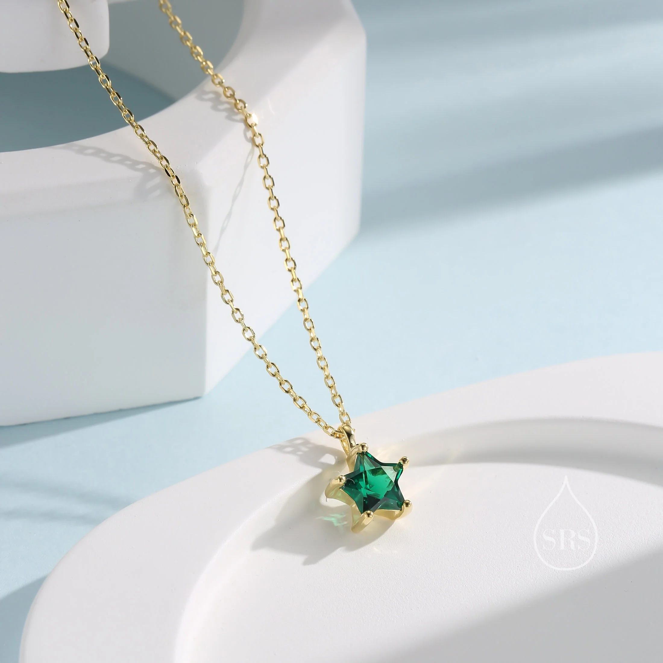Sterling Silver Emerald Green CZ Star Pendant Necklace, Silver or Gold, Green Star Necklace