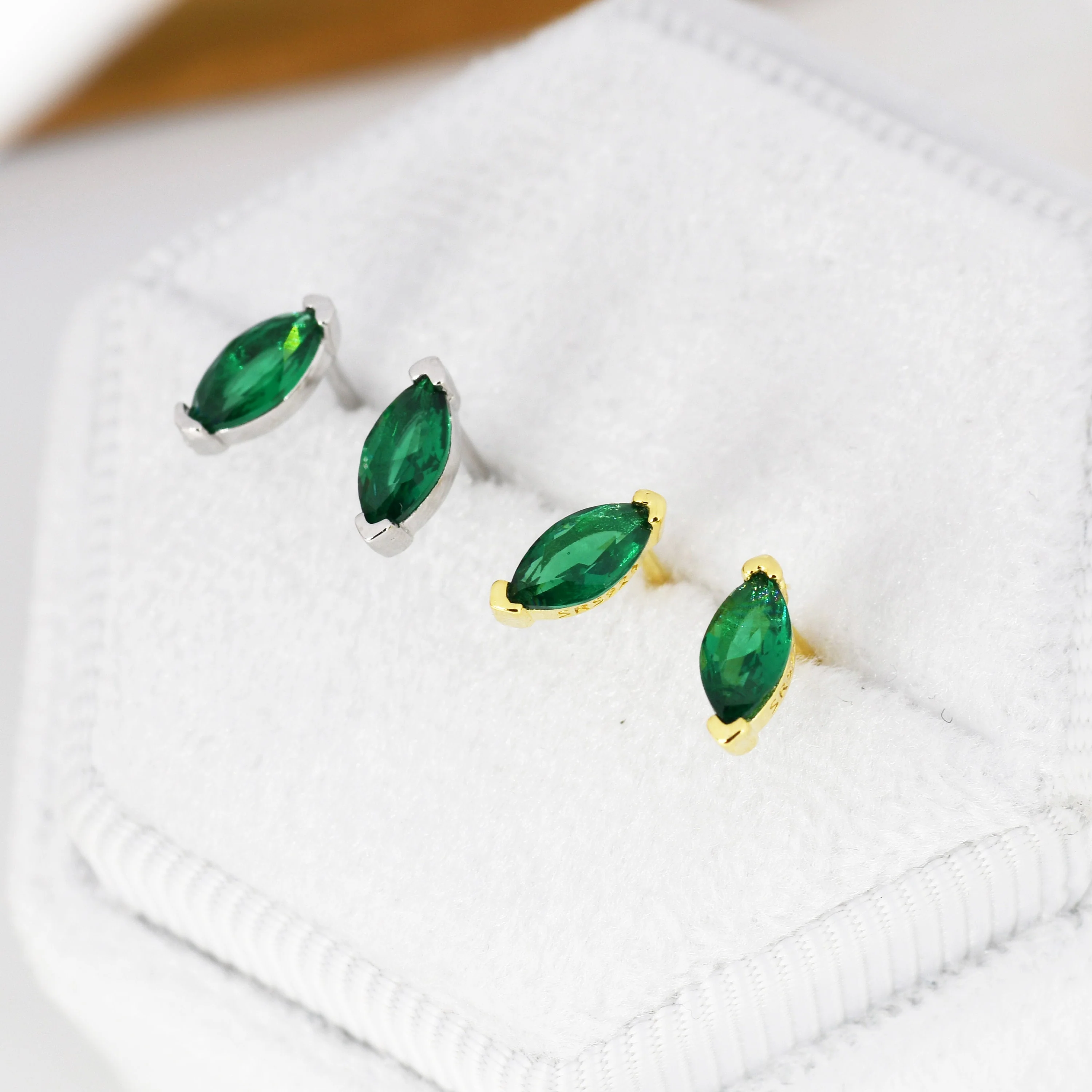 Sterling Silver Emerald Green Marquise Stud Earrings, Simulated Emerald Crystal, Minimalist Geometric Design, May Birthstone - Image 3