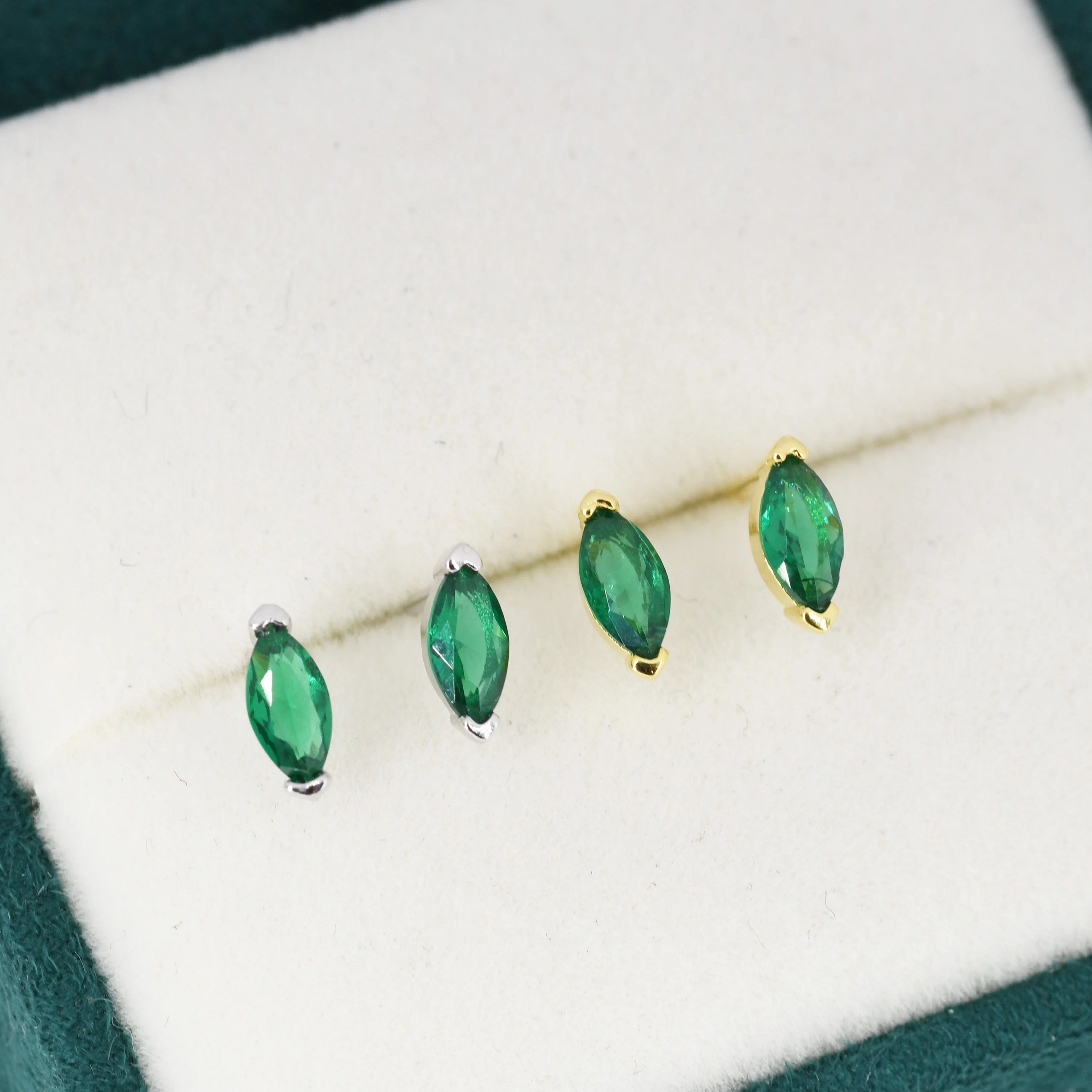 Sterling Silver Emerald Green Marquise Stud Earrings, Simulated Emerald Crystal, Minimalist Geometric Design, May Birthstone - Image 5