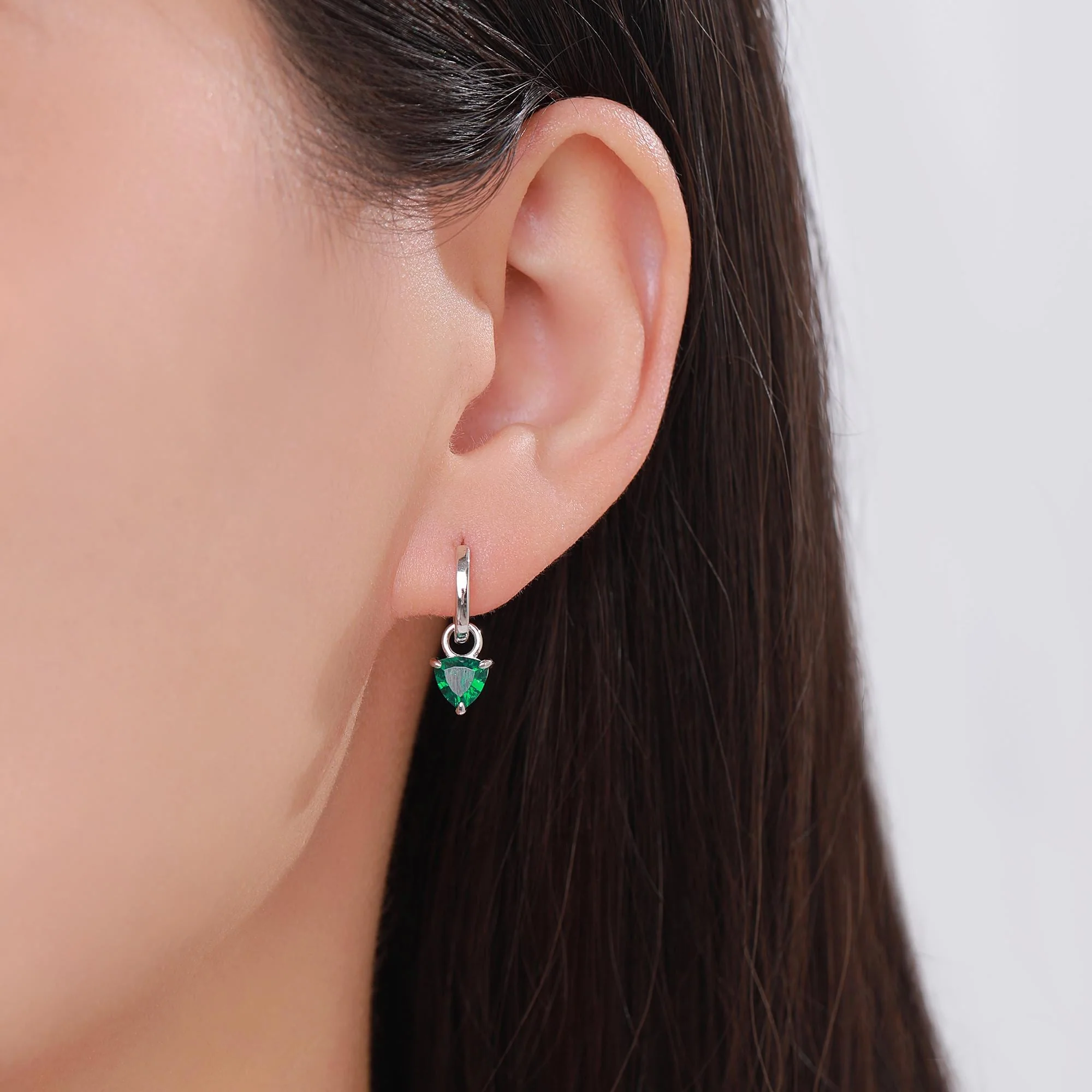 Sterling Silver Emerald Green Trillion Cut CZ Hoop Earrings, Silver, Gold, Triangle Dangle Hoop Earrings, Interchangeable Charm - Image 2