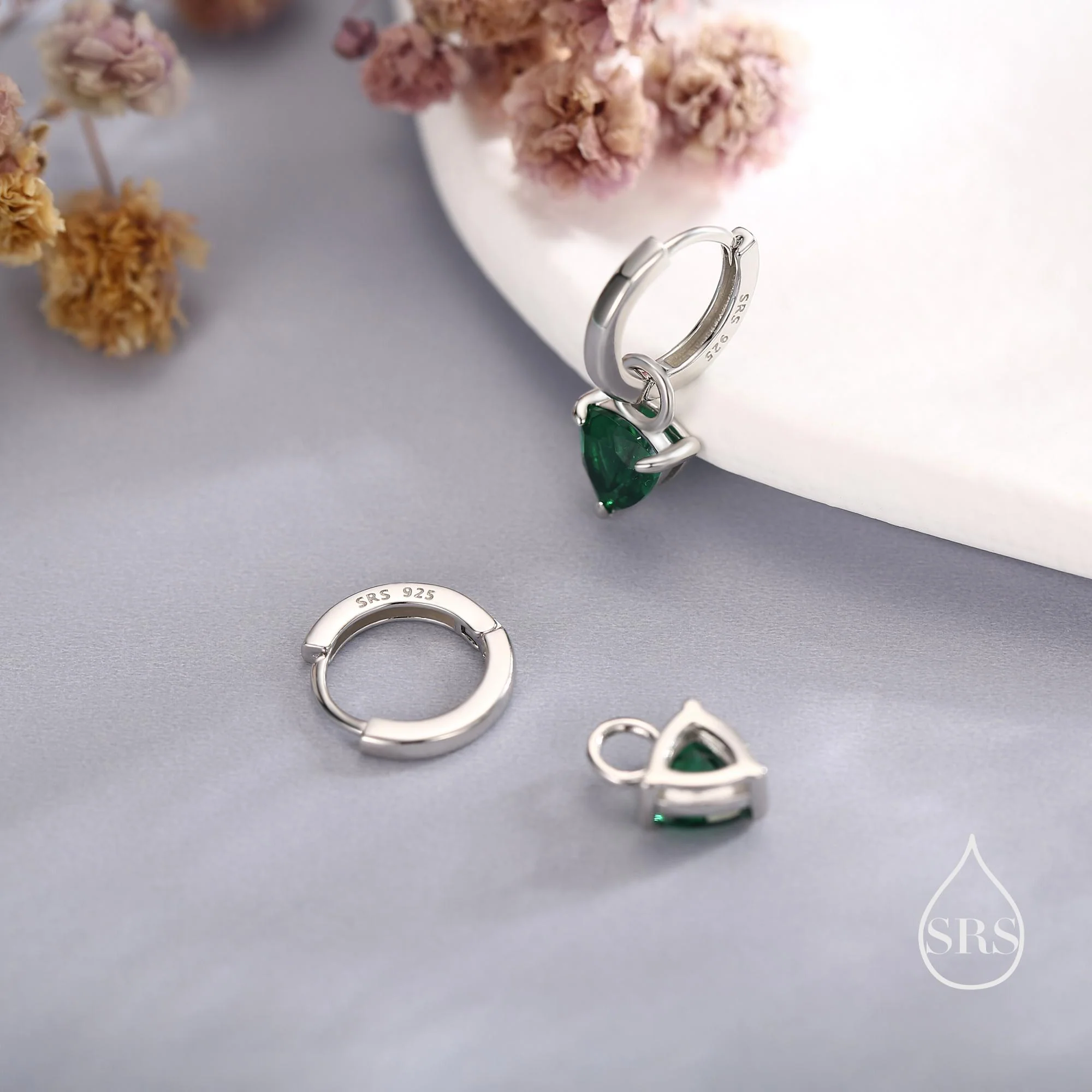 Sterling Silver Emerald Green Trillion Cut CZ Hoop Earrings, Silver, Gold, Triangle Dangle Hoop Earrings, Interchangeable Charm - Image 3