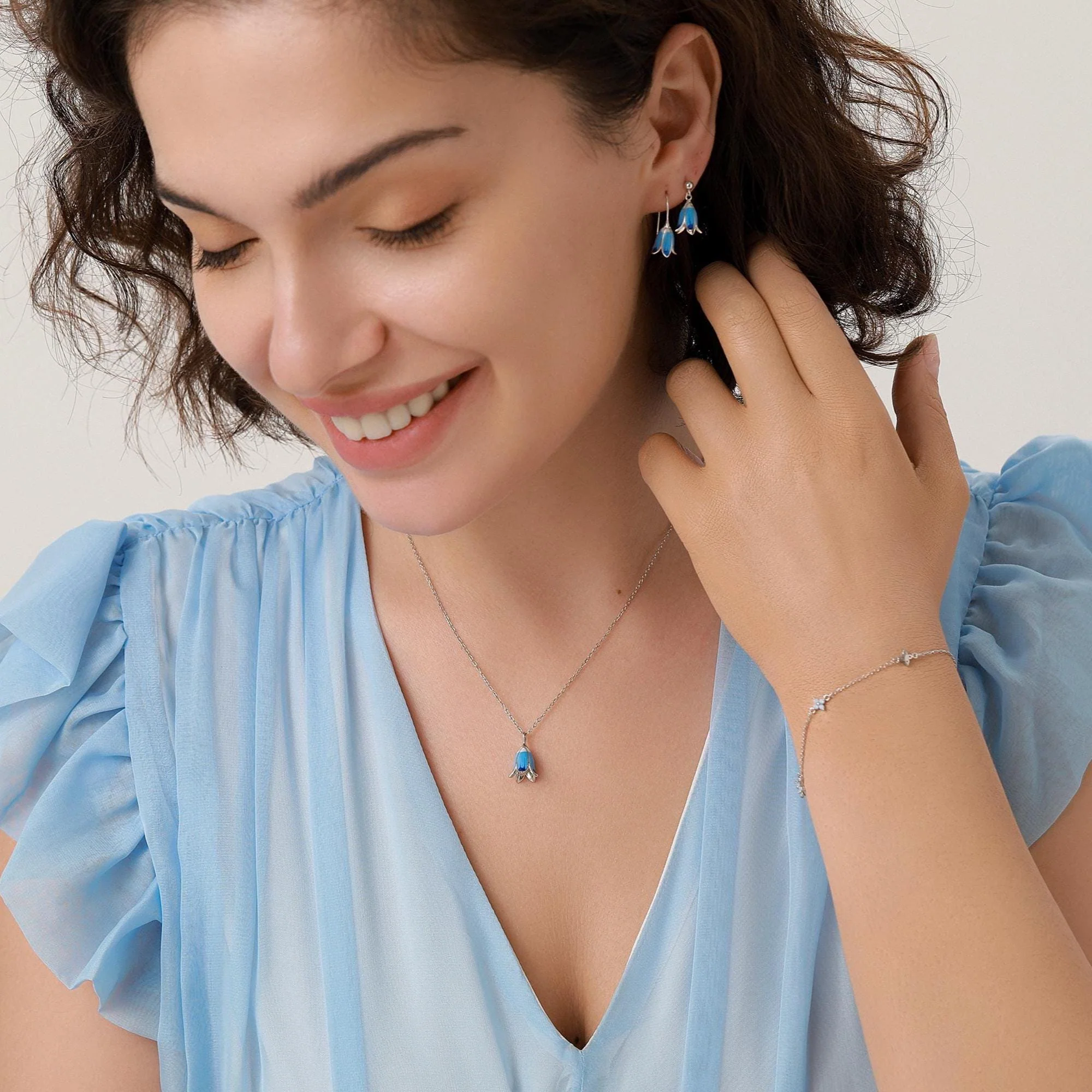Sterling Silver Enamel Bluebell Flower Drop Dangle Earrings - Image 3