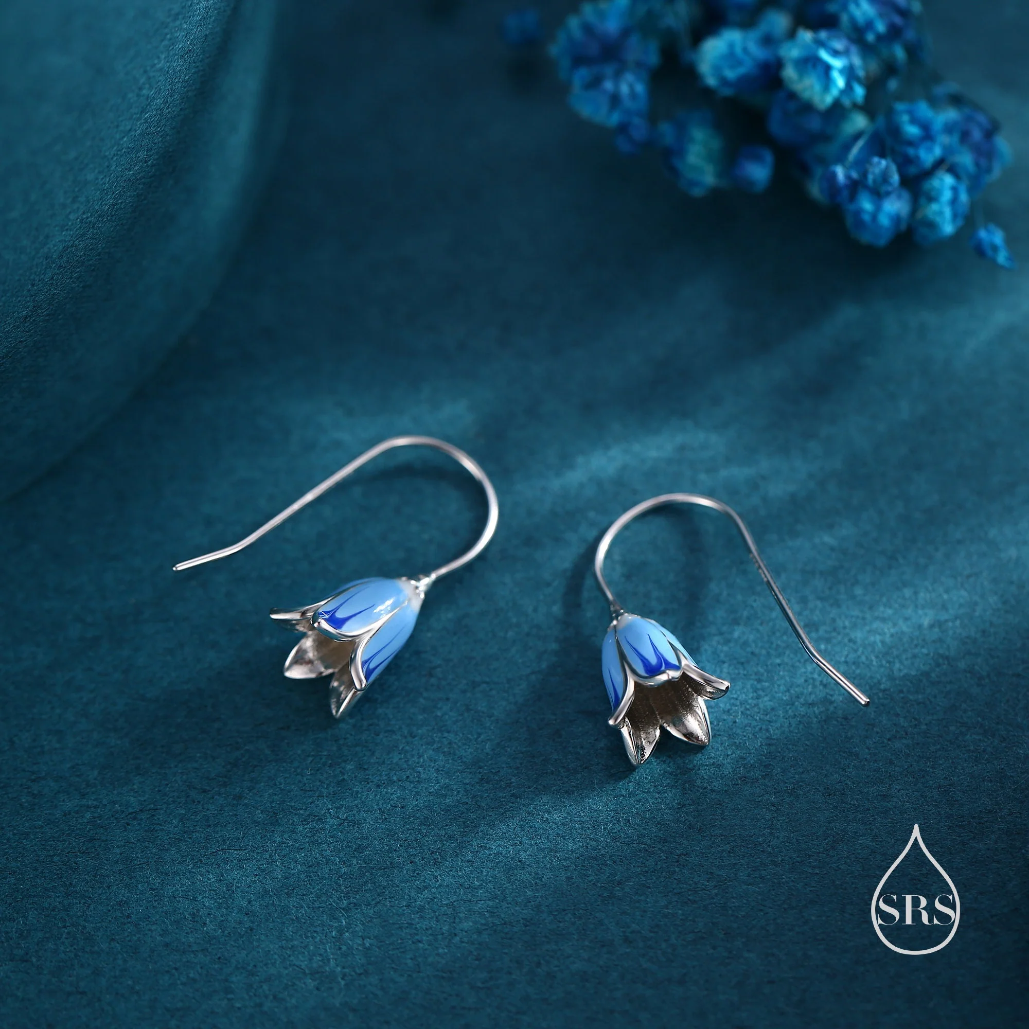 Sterling Silver Enamel Bluebell Flower Drop Hook Earrings - Image 5
