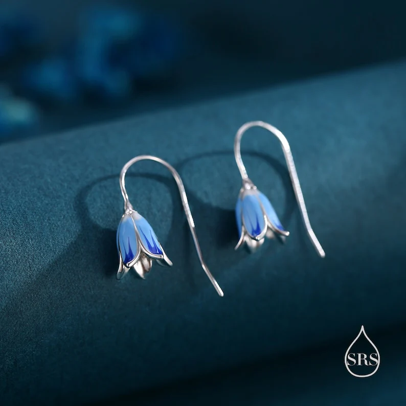 Sterling Silver Enamel Bluebell Flower Earrings and Necklace Set, Snowdrop jewelry, Gift set - Image 5