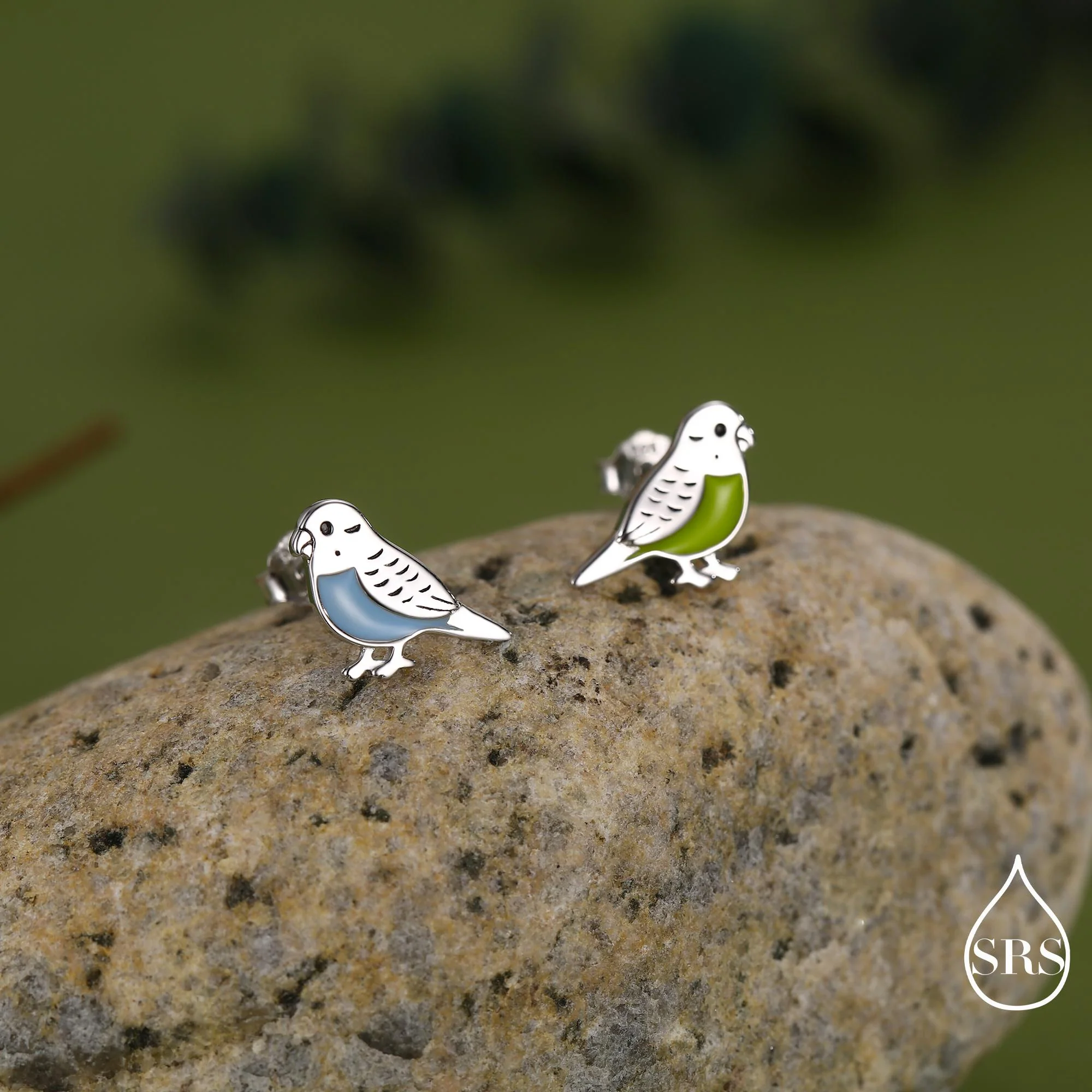 Sterling Silver Enamel Budgie Stud Earring, Mismatched Pair Green and Blue Pet parakeets Earrings, Nature Inspired Animal Jewellery - Image 4