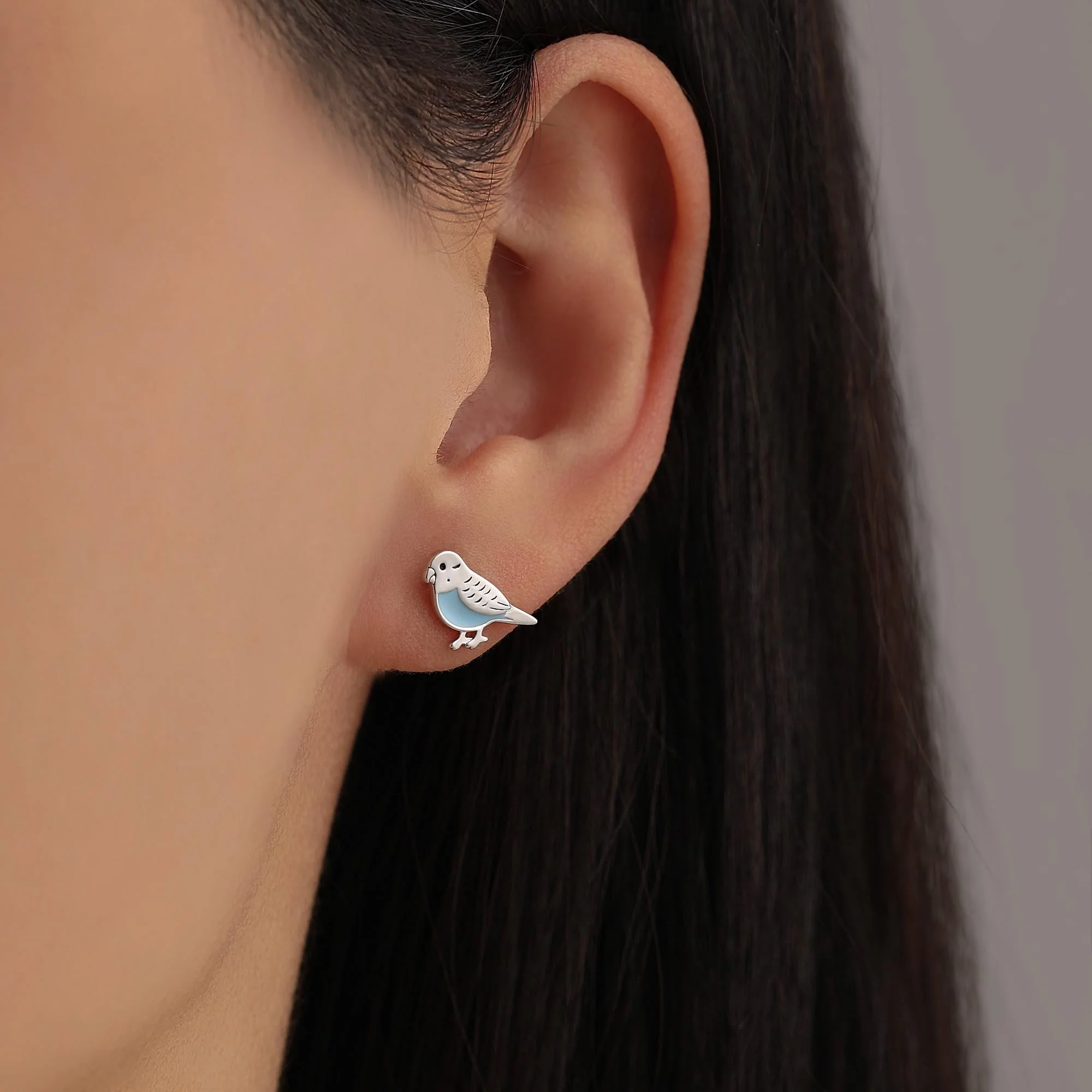 Sterling Silver Enamel Budgie Stud Earring, Mismatched Pair Green and Blue Pet parakeets Earrings, Nature Inspired Animal Jewellery - Image 6