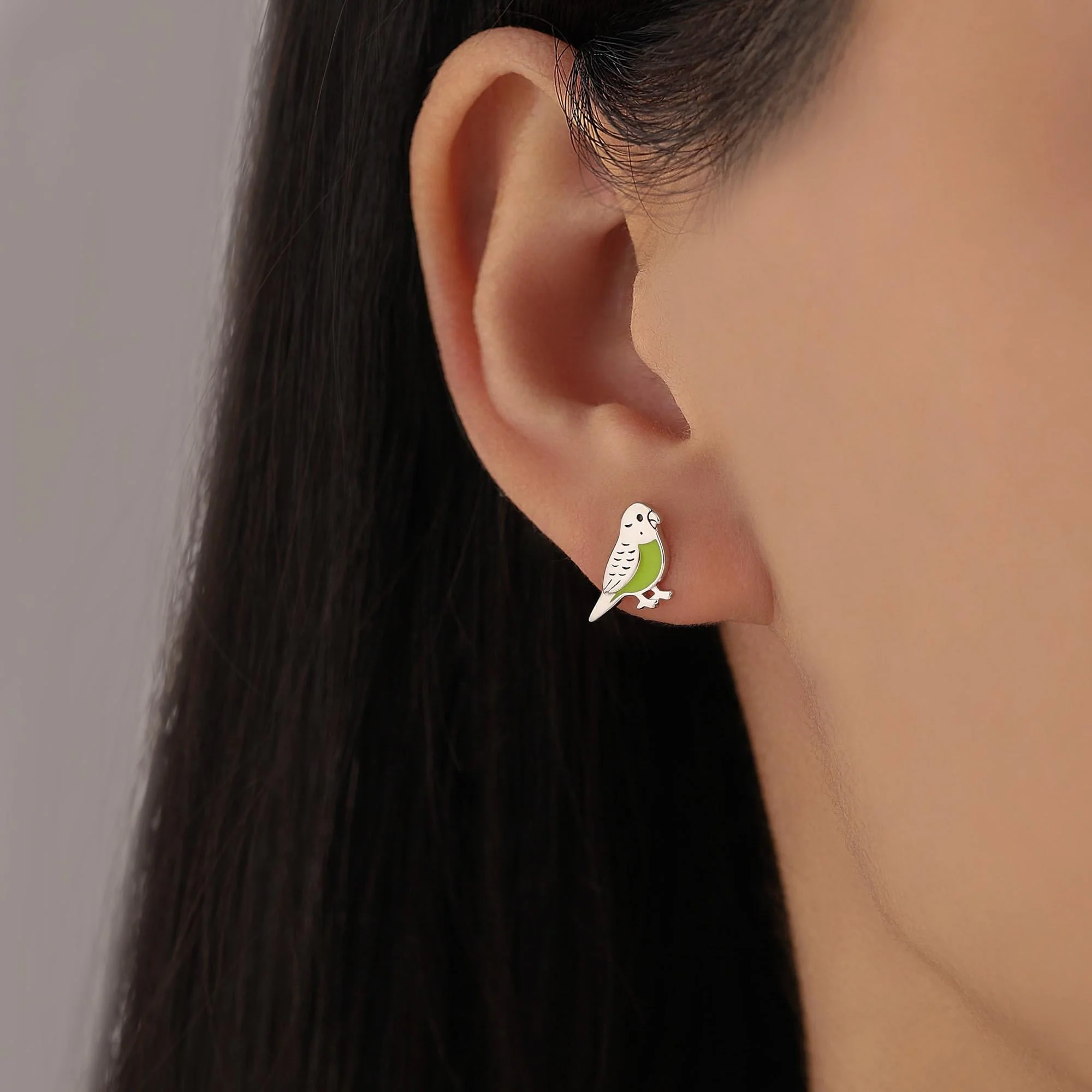 Sterling Silver Enamel Budgie Stud Earring, Mismatched Pair Green and Blue Pet parakeets Earrings, Nature Inspired Animal Jewellery - Image 7