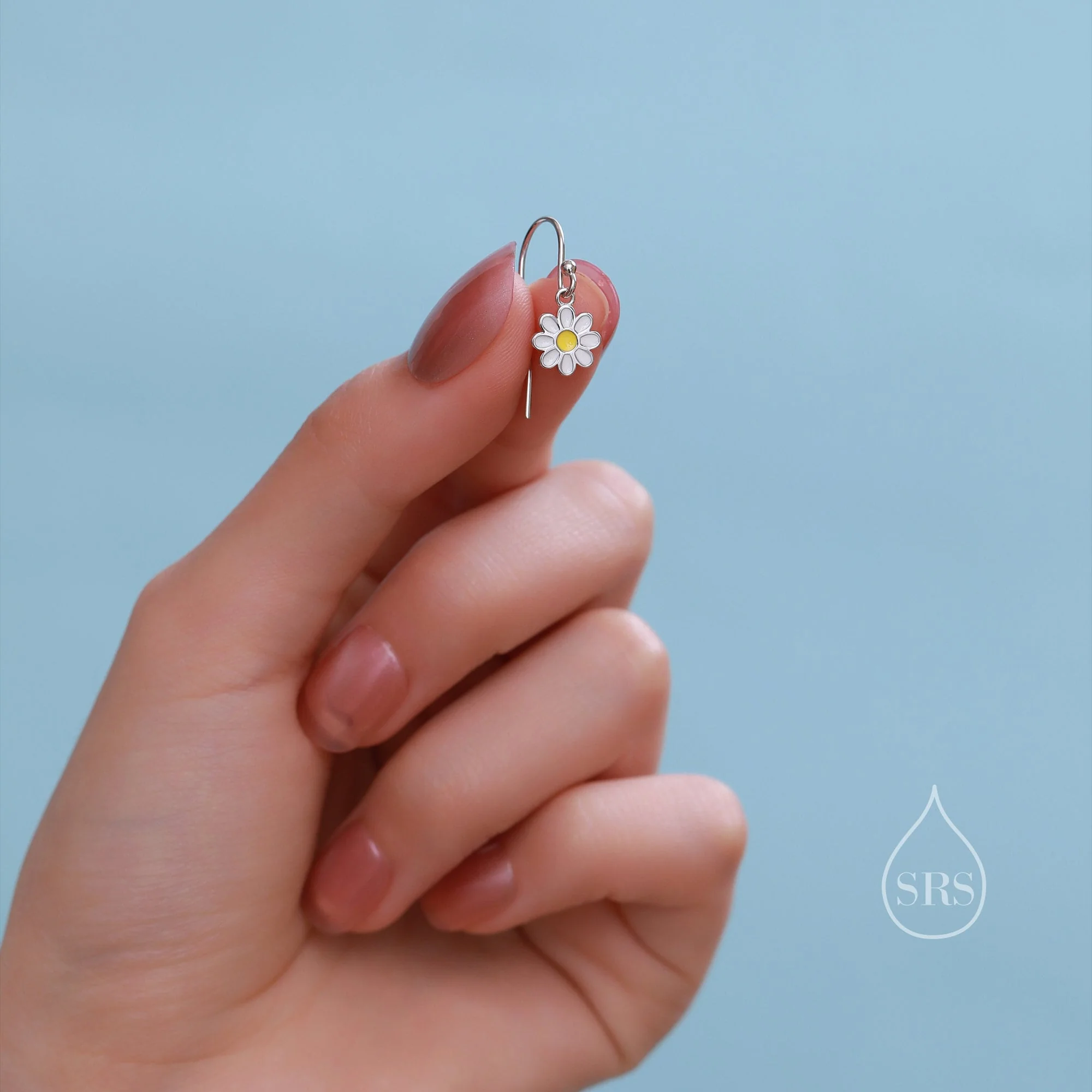 Sterling Silver Enamel Daisy Drop Hook Earrings, Dainty Dangle Daisy Earrings, Flower Earrings, Daisy Hook Earrings - Image 2