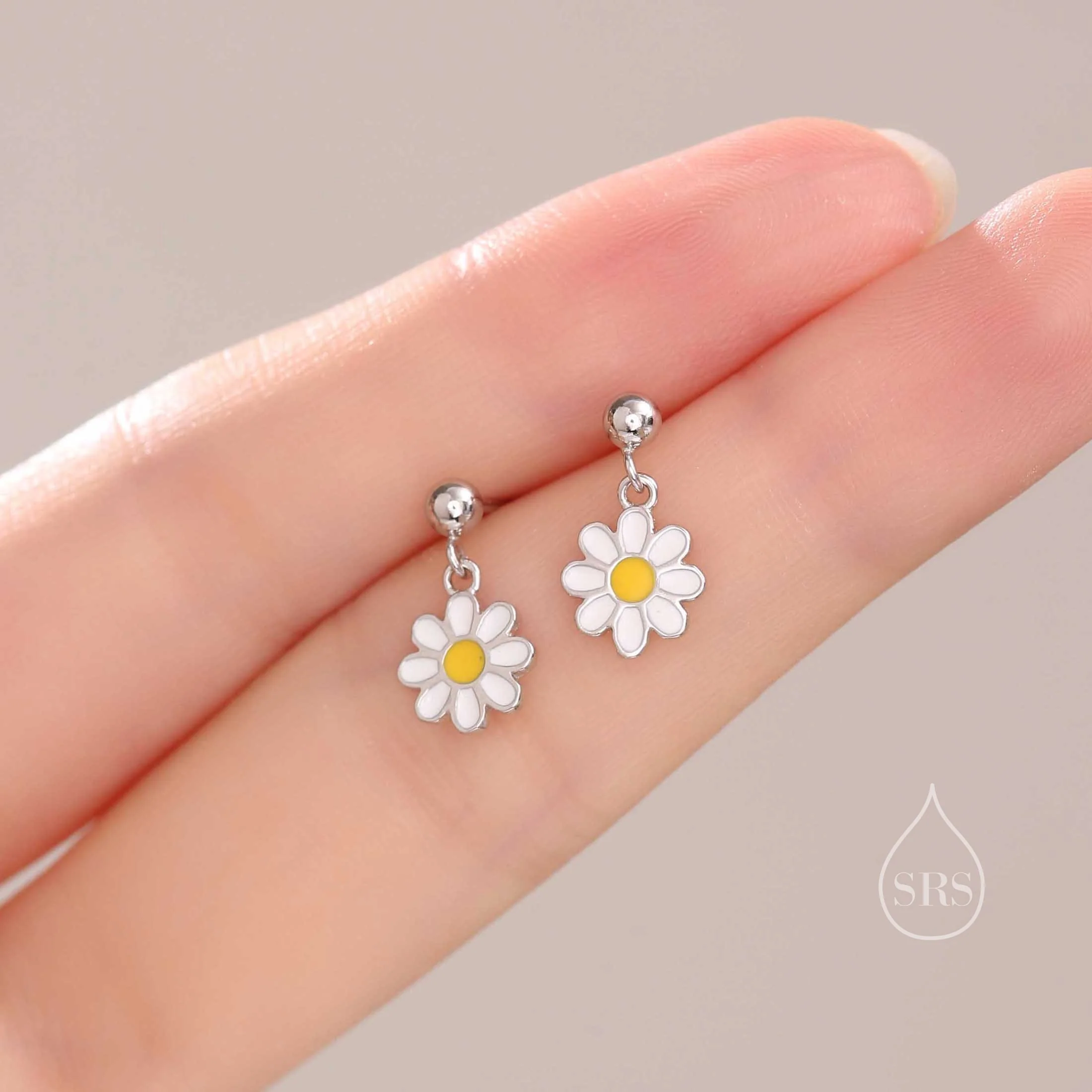Sterling Silver Enamel Daisy Flower Drop Stud Earrings, Dainty Dangle Daisy Flower Earrings - Image 3