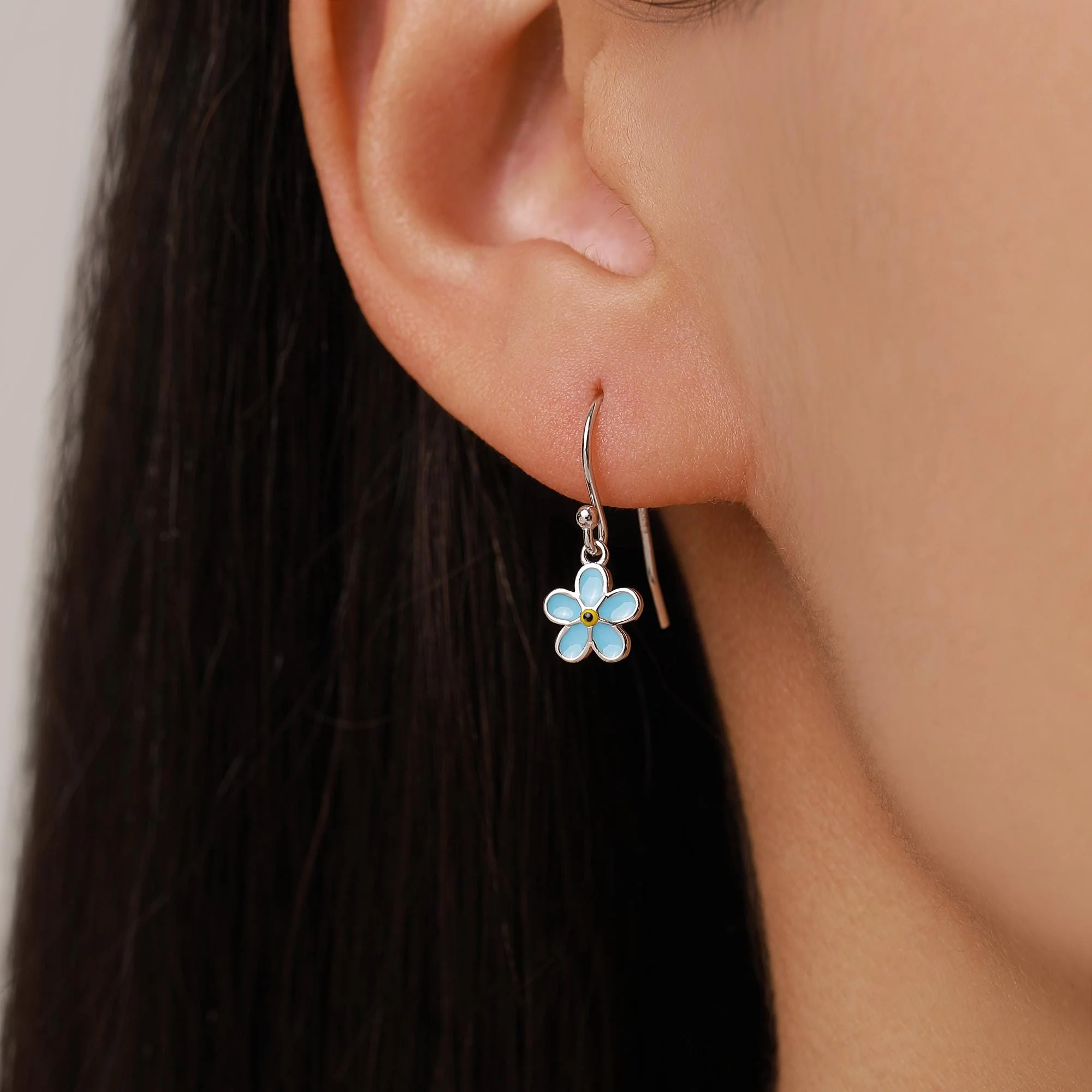 Sterling Silver Enamel Forget-me-not Flower Drop Hook Earrings