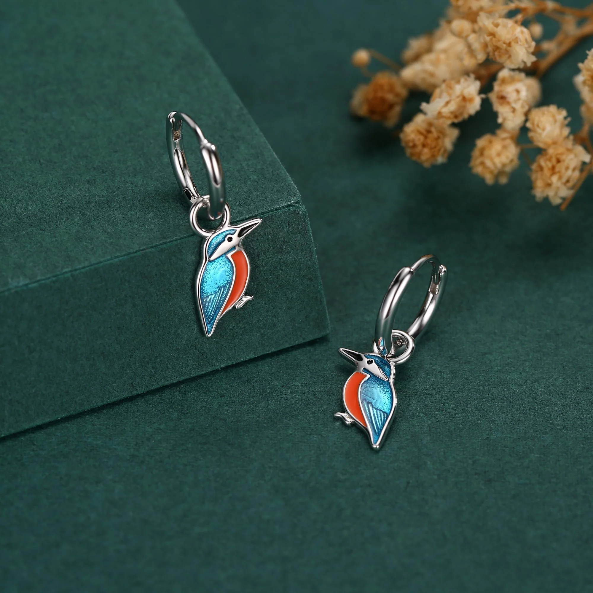 Sterling Silver Enamel Kingfisher Detachable Huggie Hoop Earrings, Bird Earrings - Image 3