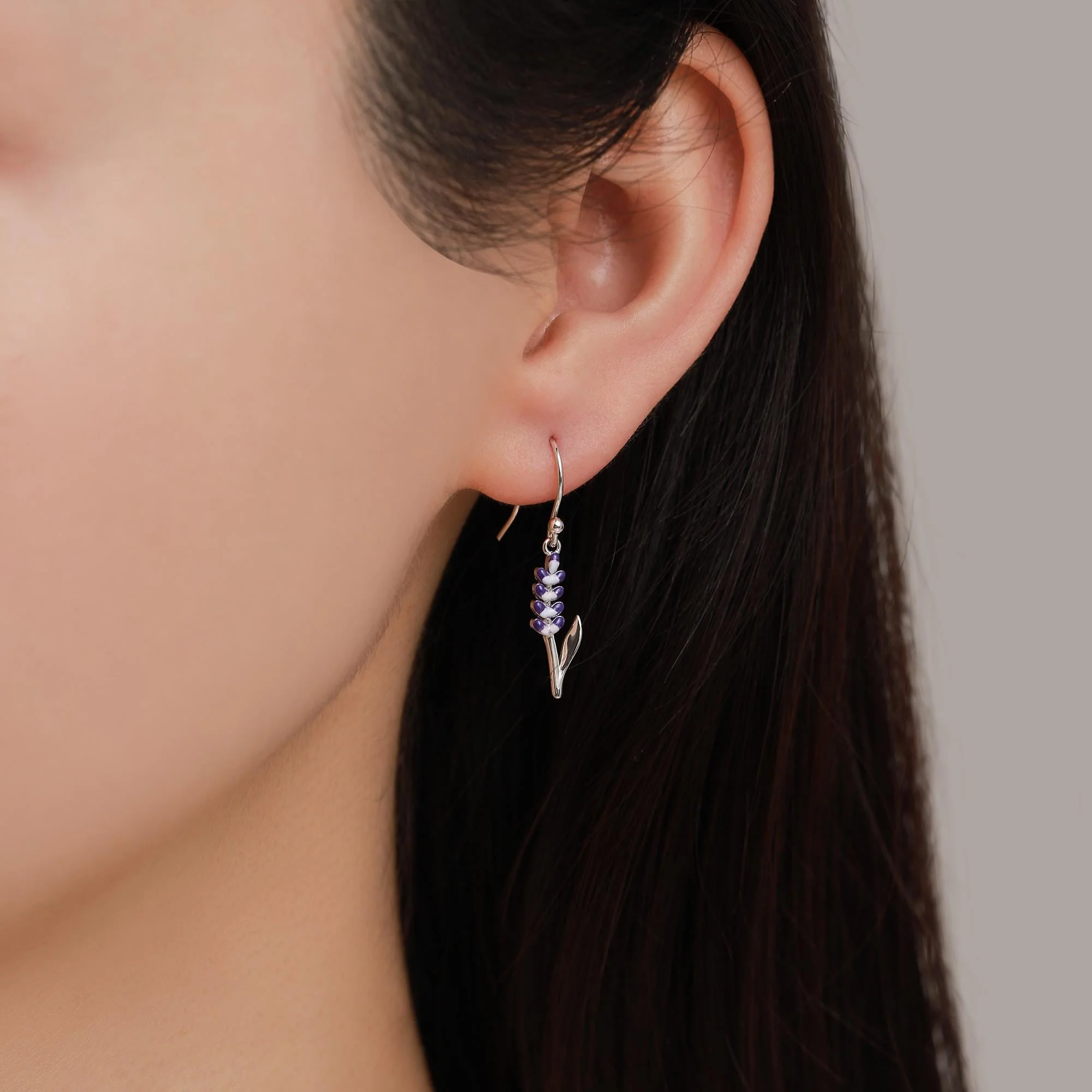 Sterling Silver Enamel Lavender Drop Hook Earrings, Delicate Silver Lavender Earrings, Silver or Gold, Lavender Earrings - Image 2