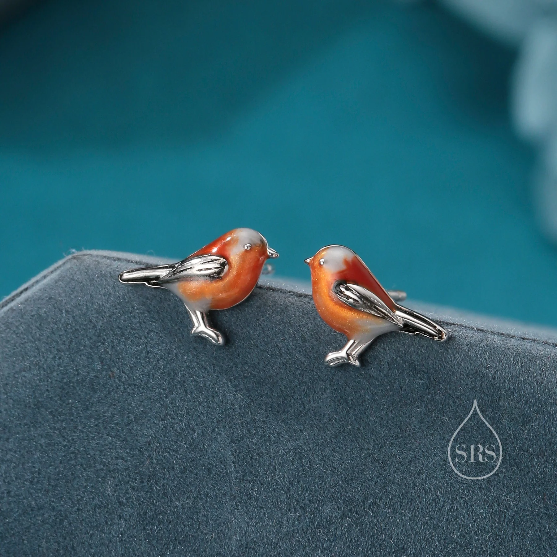 Sterling Silver Enamel Robin Bird Stud Earrings, Dainty British Bird Earrings, Nature Inspired Animal Earrings - Image 2