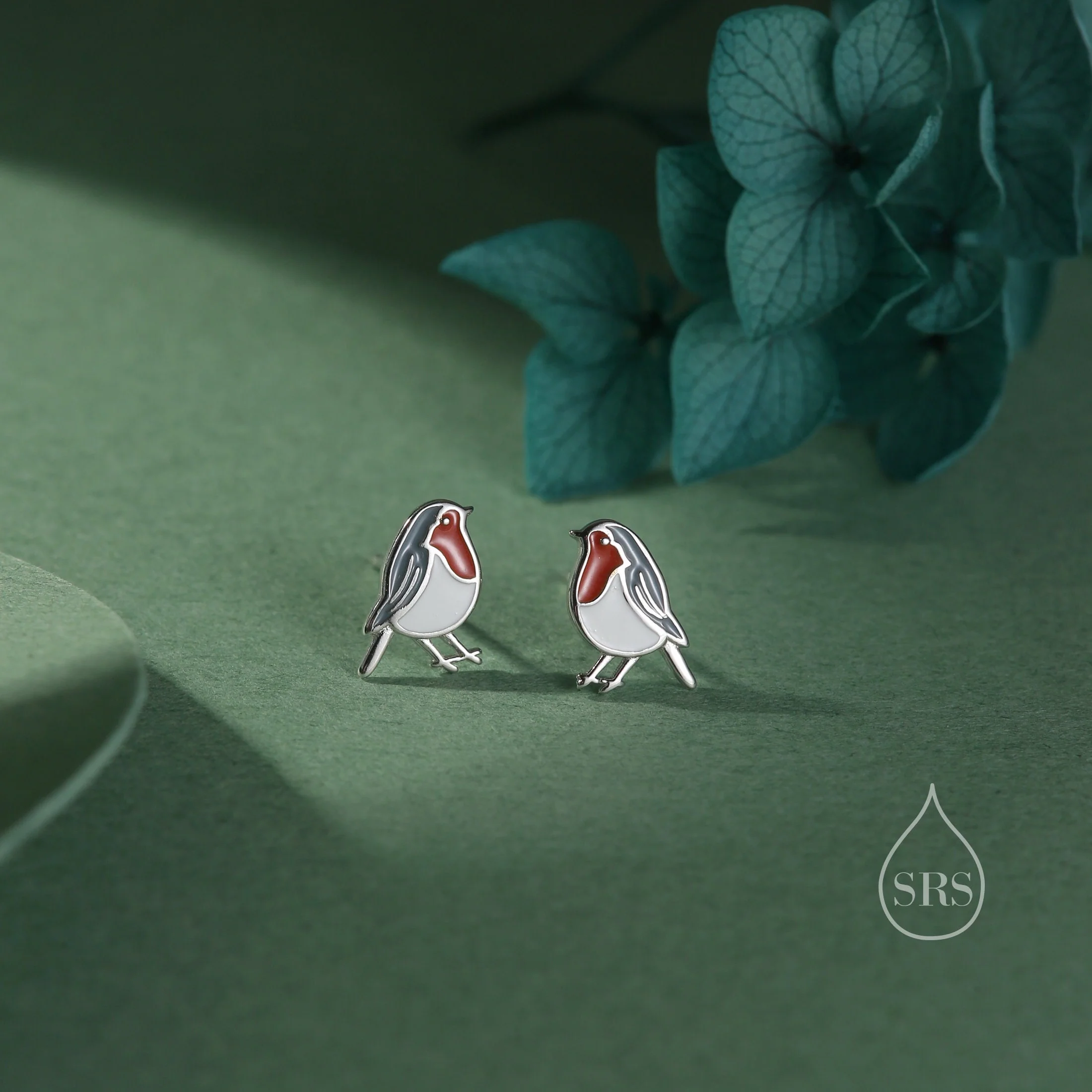 Sterling Silver Enamel Robin Bird Stud Earrings, Silver or Gold, Rose gold, 2D British Bird Earrings, Nature Inspired Bird Earrings - Image 2