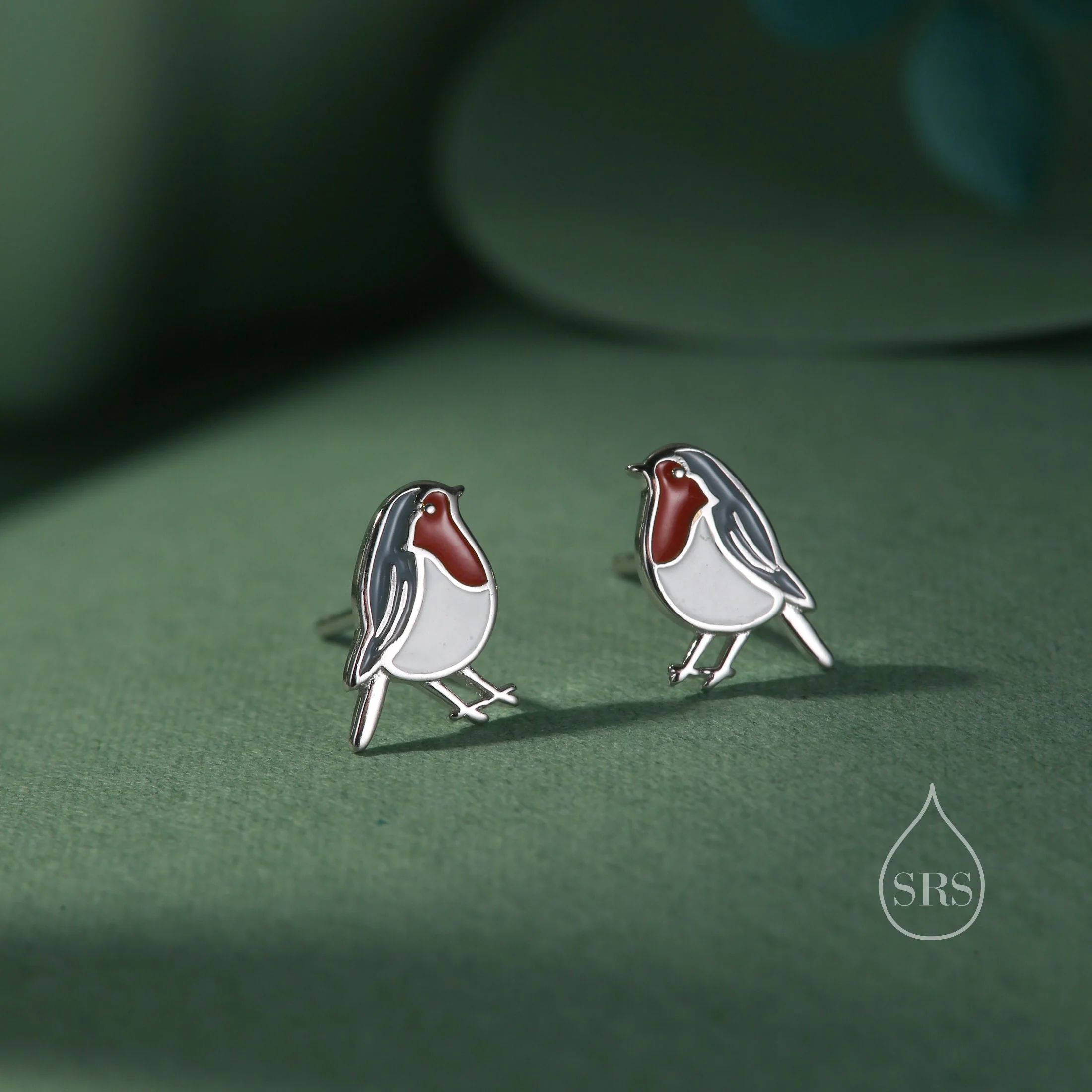 Sterling Silver Enamel Robin Bird Stud Earrings, Silver or Gold, Rose gold, 2D British Bird Earrings, Nature Inspired Bird Earrings - Image 3