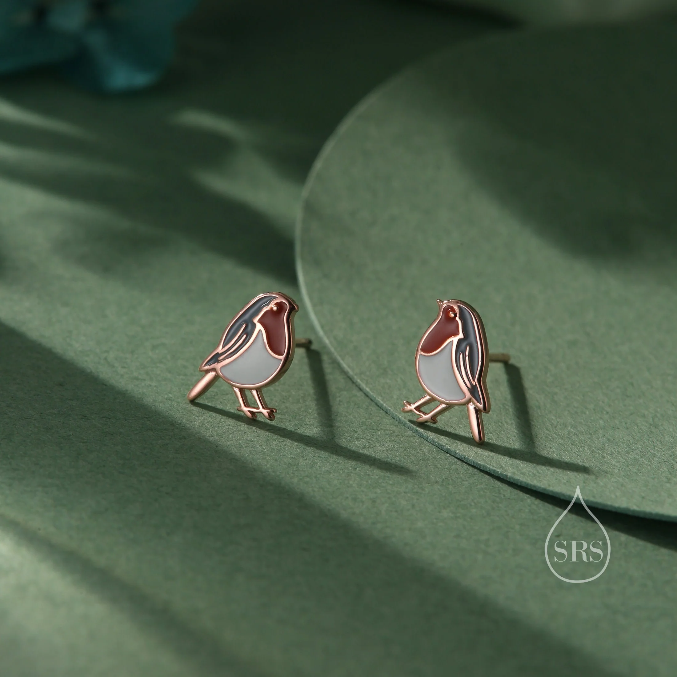 Sterling Silver Enamel Robin Bird Stud Earrings, Silver or Gold, Rose gold, 2D British Bird Earrings, Nature Inspired Bird Earrings - Image 6