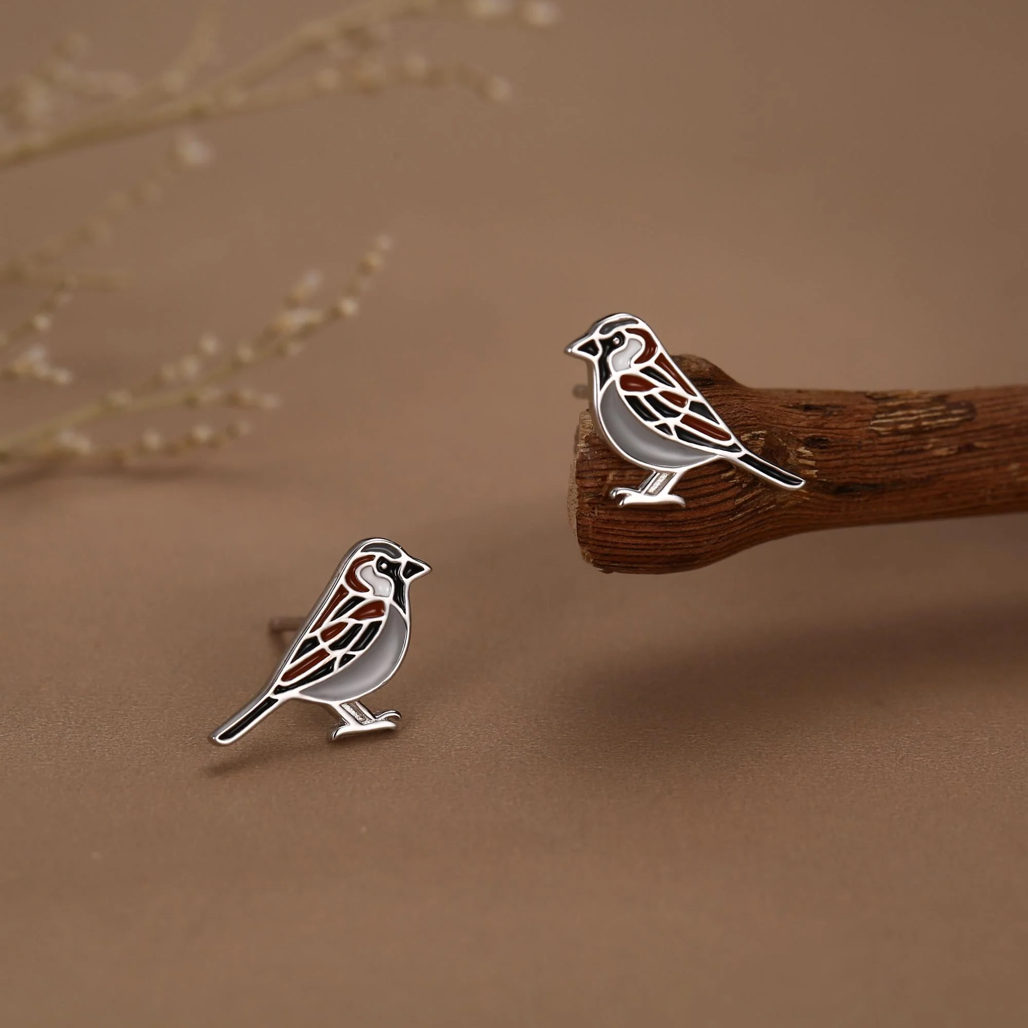 Sterling Silver Enamel Sparrow Stud Earrings,Bird Earrings