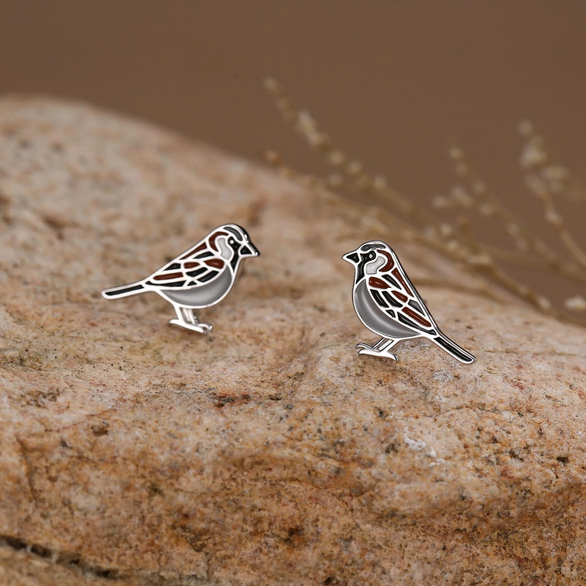 Sterling Silver Enamel Sparrow Stud Earrings,Bird Earrings - Image 4